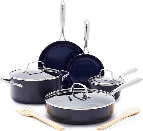 Blue Diamond Cookware Juego de ollas y sartenes de cerámica anodizada dura, antiadherente, 10 piezas, sin PFAS, apto para lavavajillas, horno, gris