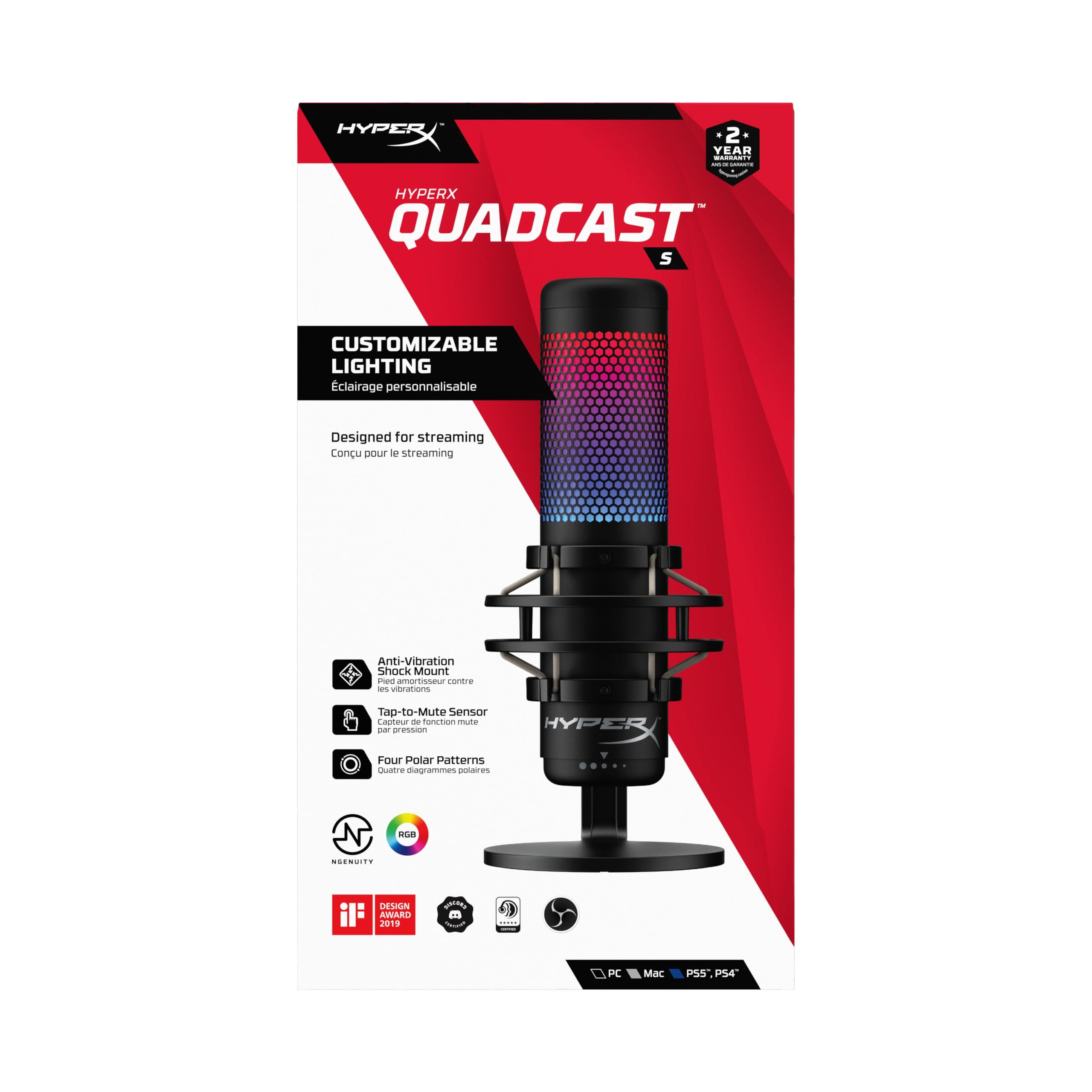 HyperX QuadCast S – Micro USB à condensateur RGB pour PC, PS4 et Mac, support anti-vibrations, Filtre anti-pop, Jeux, Streaming, Podcasts, Twitch, YouTube, Discord