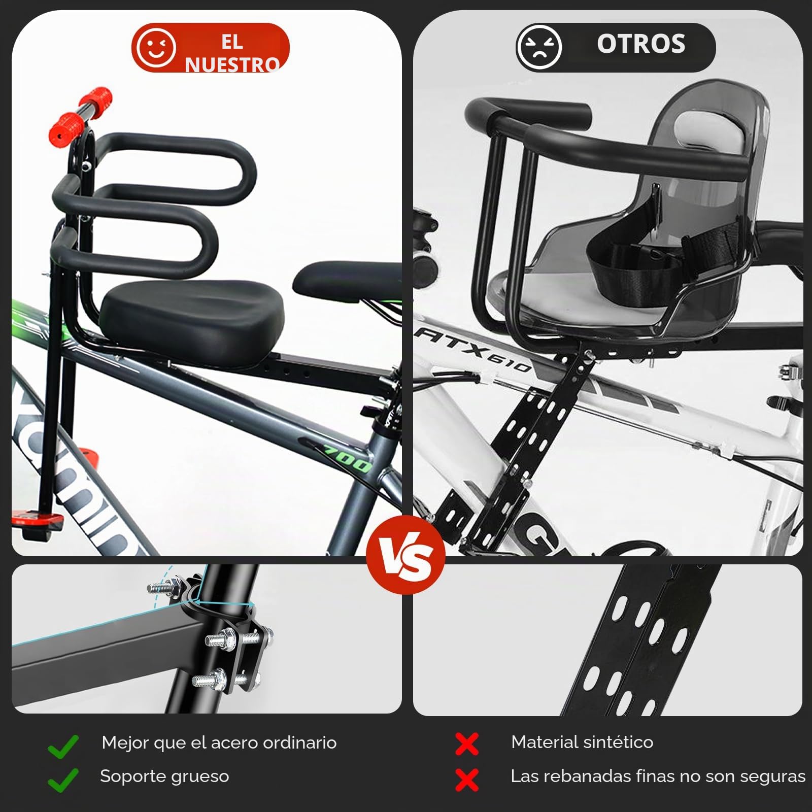 Asiento Delantero para Bicicleta Infantil, Silla Bicicleta Niño con Reposabrazos y Reposapiés, Compatible con Bicicletas de Montaña, Bicicletas Urbanas y Bicicletas Plegables