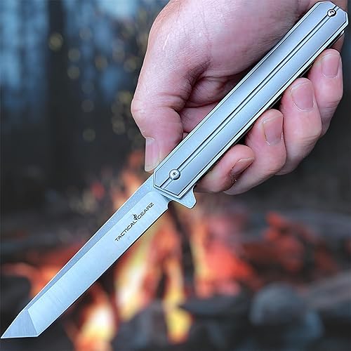 Miniatura 6 de TACTICAL GEARZ Cuchillo de bolsillo EDC de titanio prémium. Mango de titanio sólido Tc4. Hoja Tanto de acero D2! Incluye funda! Seren (platino)