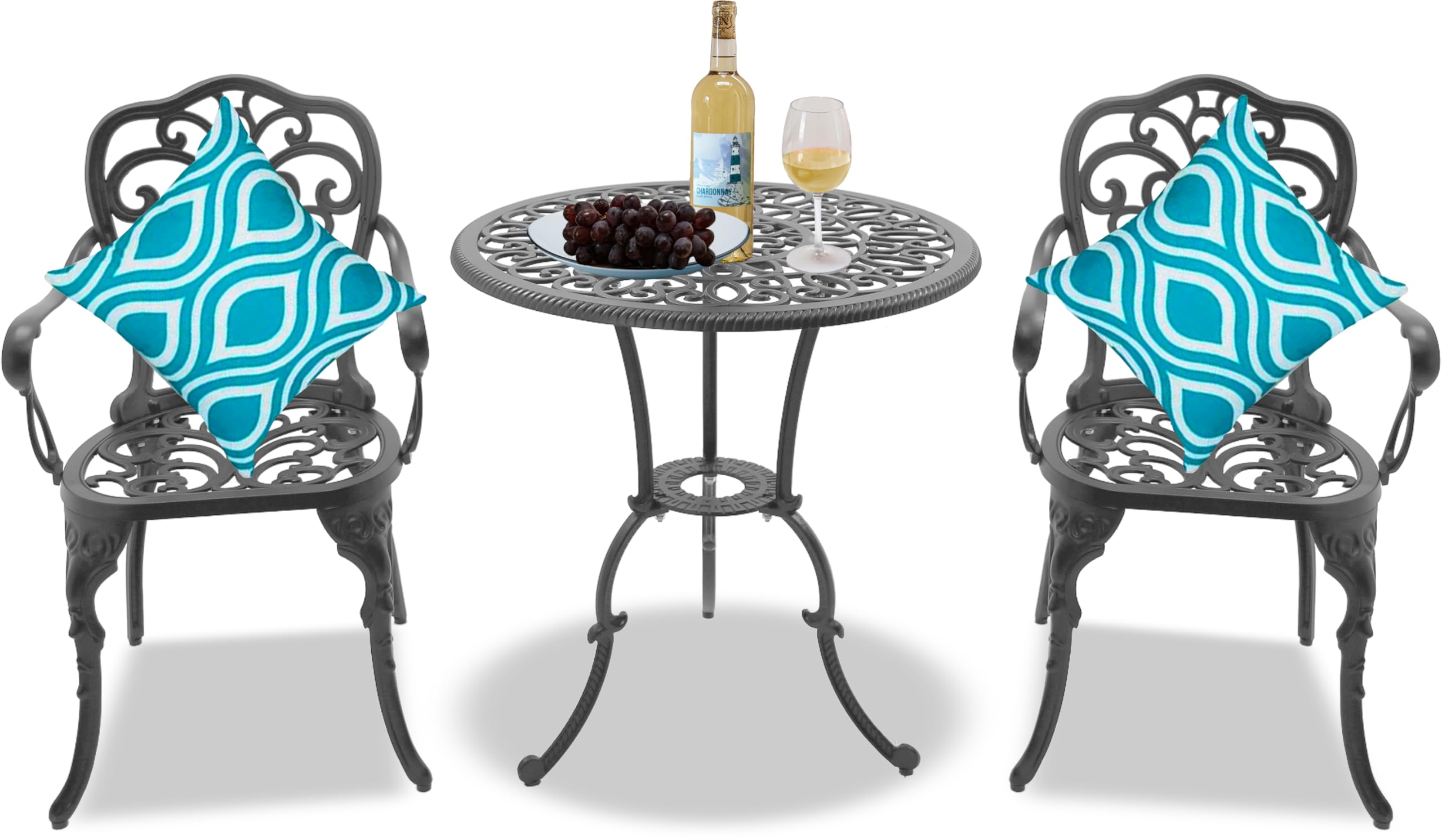 Homeology BANGUI Luxurious Garden & Patio Table & 2 Large Chairs with Armrests Cast Aluminium Bistro Set - Graphite