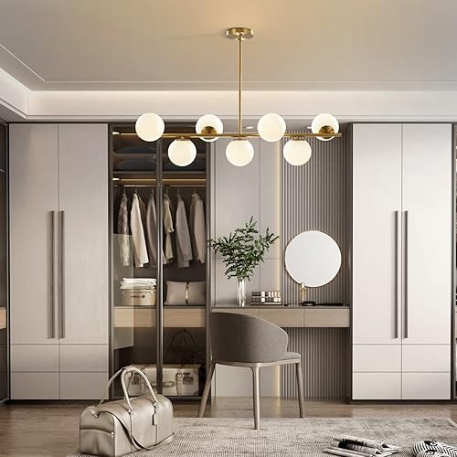 Miniatura 5 de KCO Iluminación Moderna Candelabro Colgante Lineal de Latón con 7 Luces de Cristal Dorado y Blanco, Iluminación Colgante Globo de Mediados de Siglo,