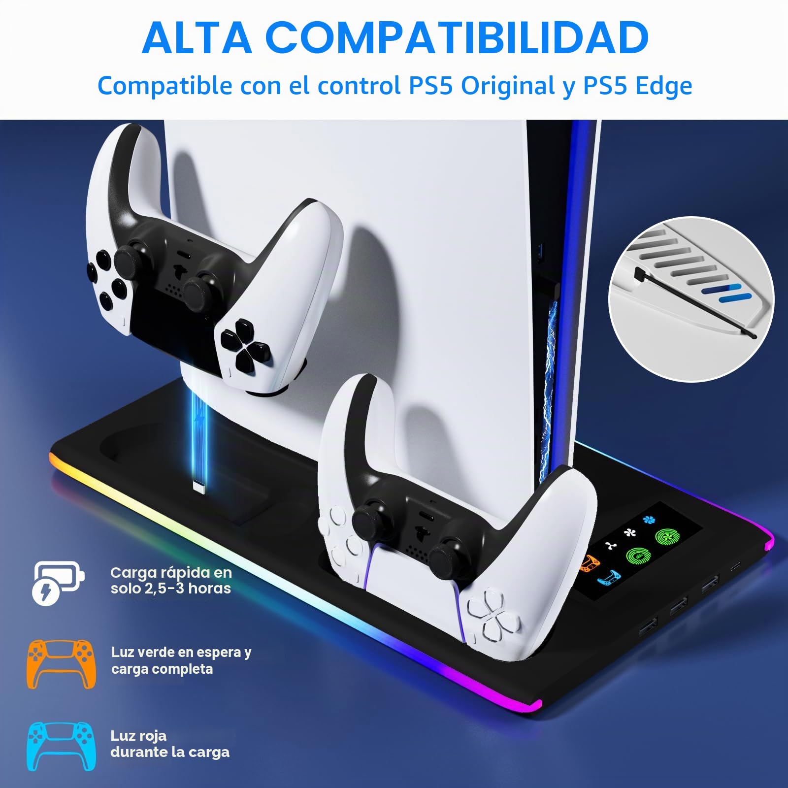 Soporte para PS5 y PS5 Slim con Ventilador de 3 Velocidades, Cargador para PS5 & Edge Mando con Luz RGB y 3 USB HUB, para Disc & Digital(Negro)