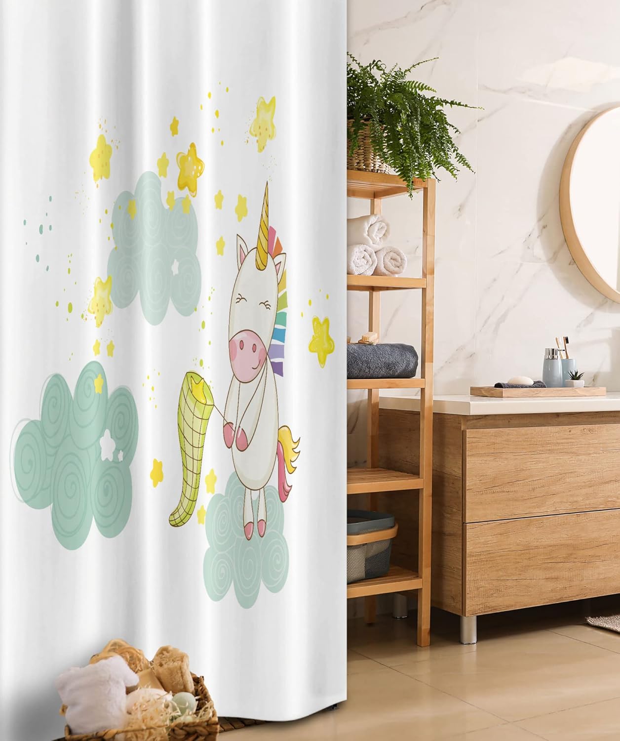Ambesonne Unicorn Stall Shower Curtain, Mystic Unicorn Girl Sitting on Fluffy Clouds and Hunting Image Print, Fabric Bathroom Decor Set with Hooks, 36" W x 72" L, Yellow Green