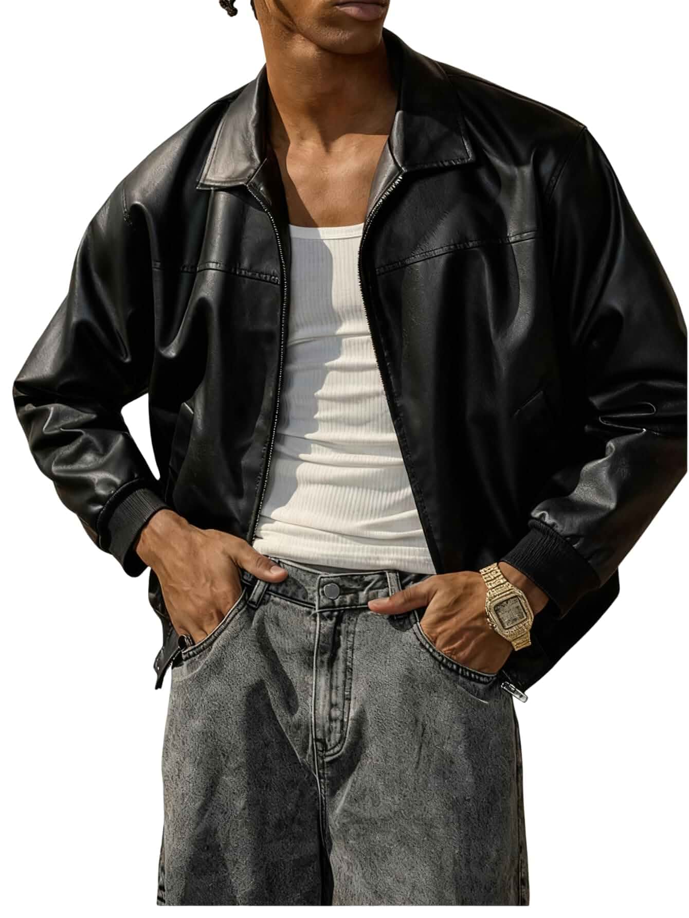 Verdusa Men's Leather Jacket Zip Up Collared Bomber Jackets with Pockets Faux Leather Jacket Men, Motorcycle Jacket, Concert Outfits, Y2k Clothes Men, Streetwear Men