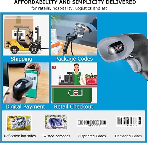 Miniatura 5 de TEEMI Escáner de código de barras USB 2D con soporte, lector de códigos 1DQR para inventario, pistola de escaneo manos libres para almacén,