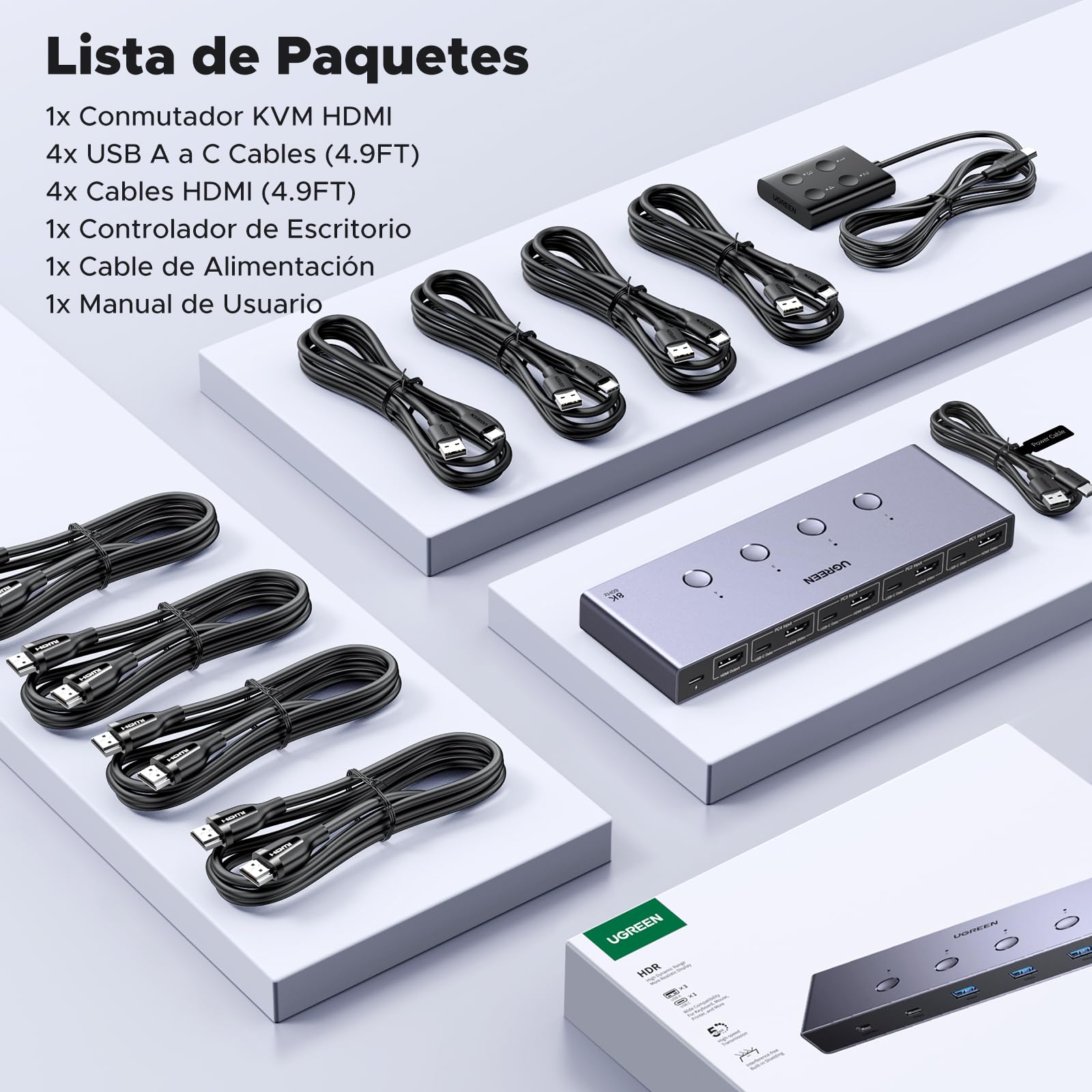 UGREEN HDMI 2.1 KVM Switch 4 In 1 out 8K@60Hz USB 3.0, Conmutador de 4 Puertos USB 3.0 para Compartir 2 PC 1 Monitor, Teclado, Mouse, Impresora y Disco Duro