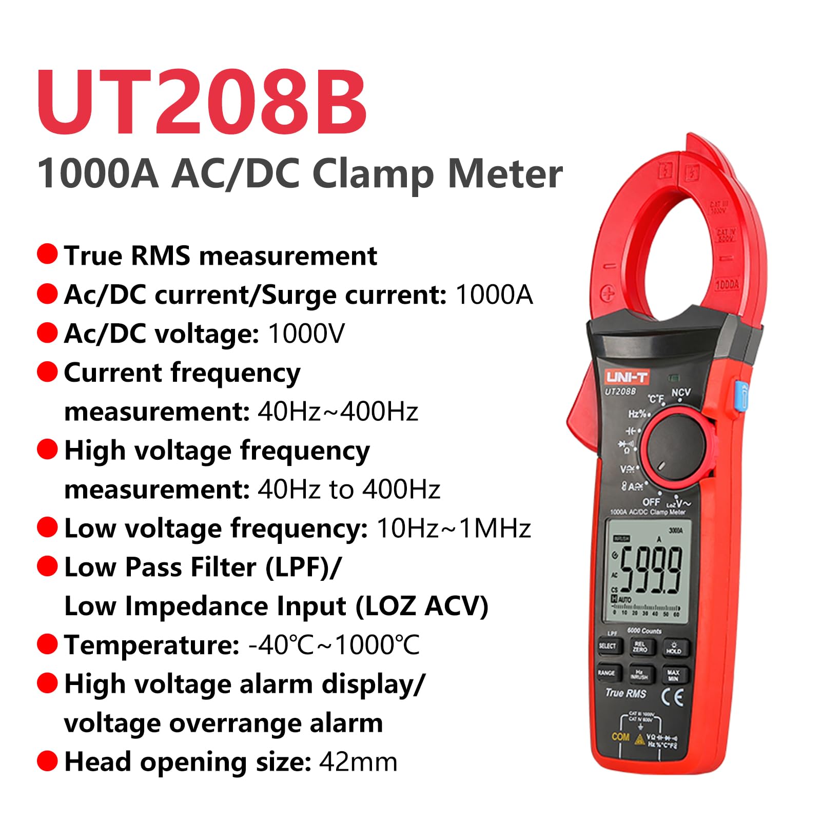 UT208B Digital Clamp Meter 1000A AC DC Current 6000 Count Retroiluminación Linterna Multímetro Tester
