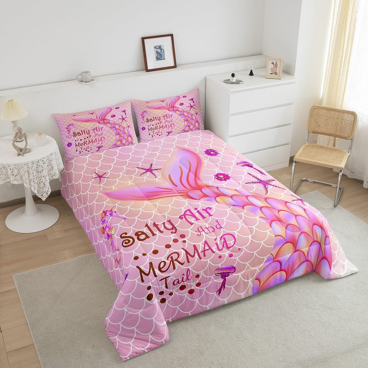 Mermaid Tail Comforter Set for Kids,Full Size Mermaid Bedding Sets for Girls,Gradient Rainbow Fish Scale Quilt Set,Pink Watercolor Sealife Seahorse Nautical Duvet Insert with 2 Pillowcases