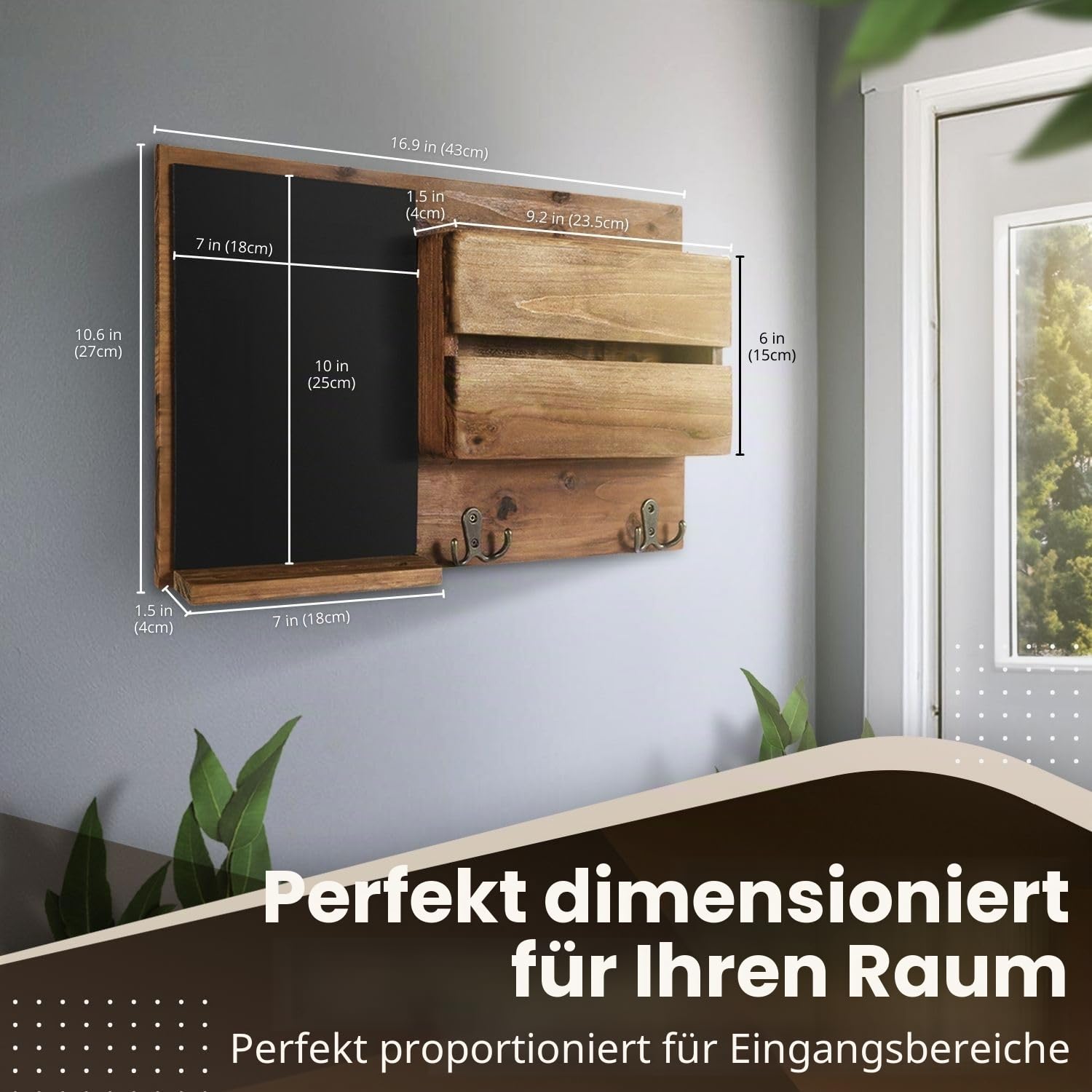 Flexzion Rustikale Holz-Wand-Organizer für den Eingangsbereich, wandmontierter Mudroom-Aufbewahrungs-Organizer mit Kreidetafel/Memoboard & Schlüsselhaken/f Möbel-Accessoire für Haustür und