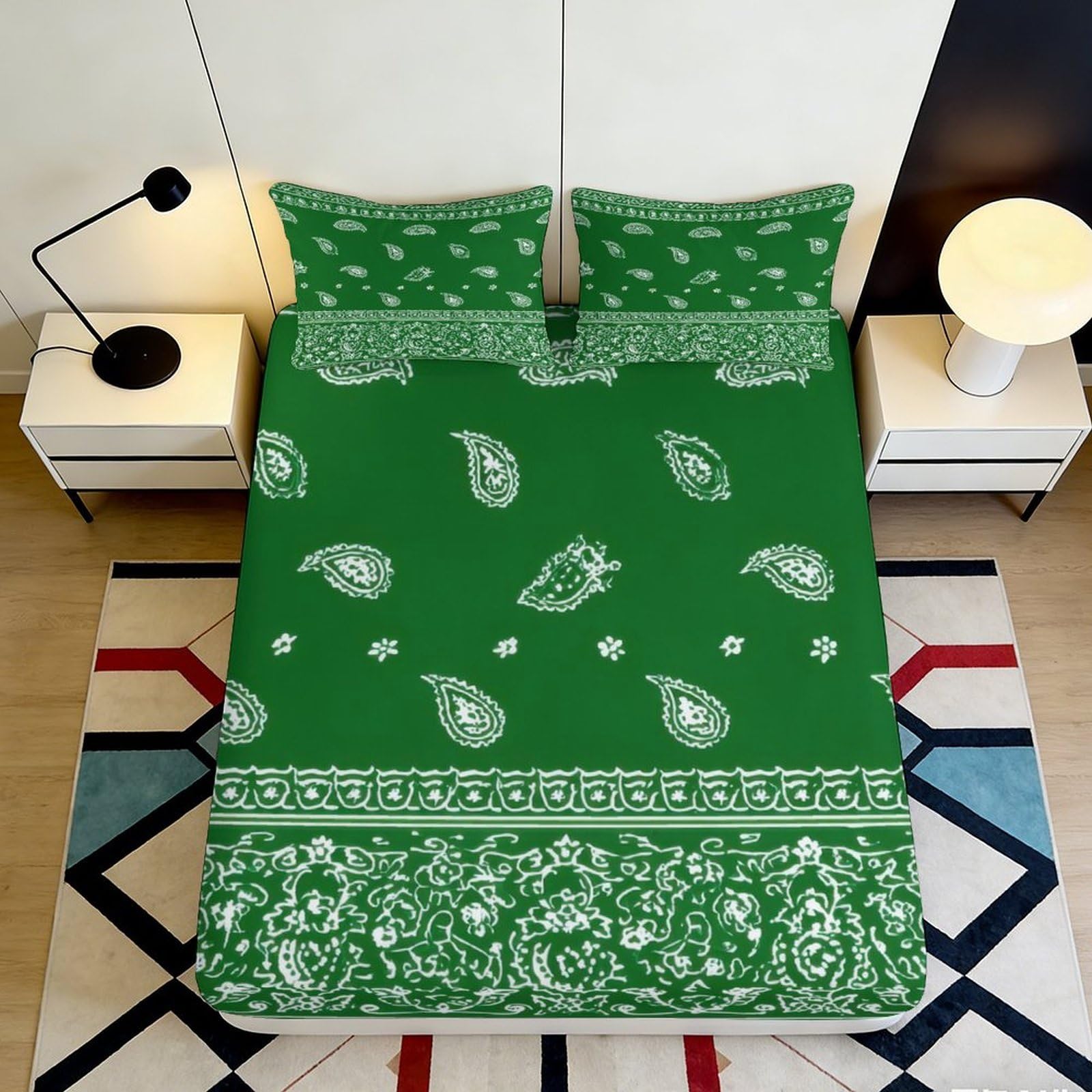 3D Printed Green Paisley Fitted Sheet Microfiber Soft Durable Floral Bed Cover for Bedroom Dormitory Guest Room Easy Care Mattress Protection 160x200x25cm