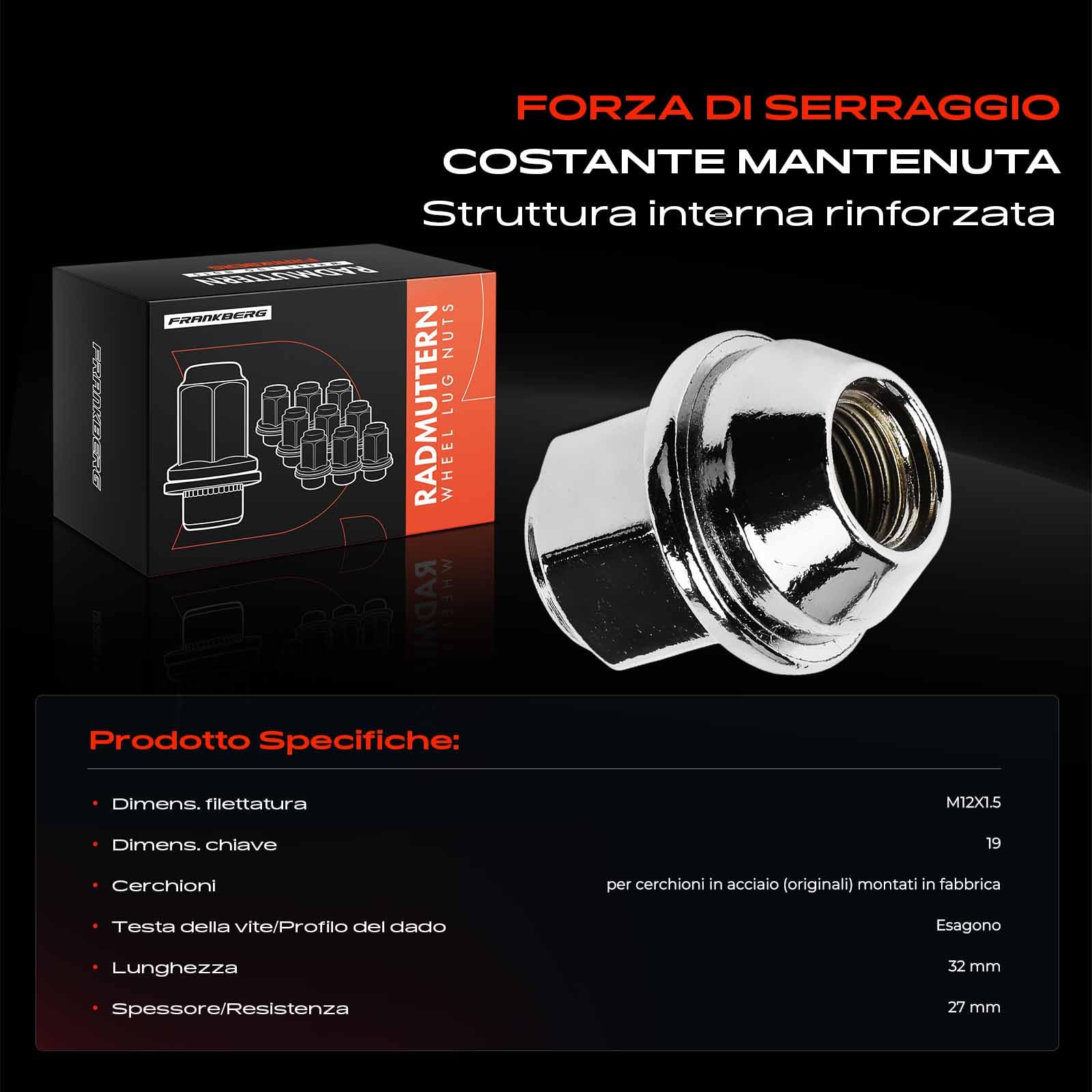 Frankberg Dadi per ruote Viti per ruote Bulloni per ruote Compatibile con Fiesta VI CB1 CCN K.u.g.a II DM2 EcoSport Focus III Turnier Fiesta VII HF HJ Replace# ACPA1012DXA