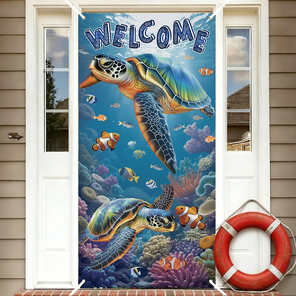 PRESSINART Turtle Door Cover Welcome Nautical Porch Banners Sea Turtle Pattern Summer Ocean Themed Door Cover Polyester Seasonal Photography Background for Wall Porch Indoor Outdoor Decor 71 x 35 Inch