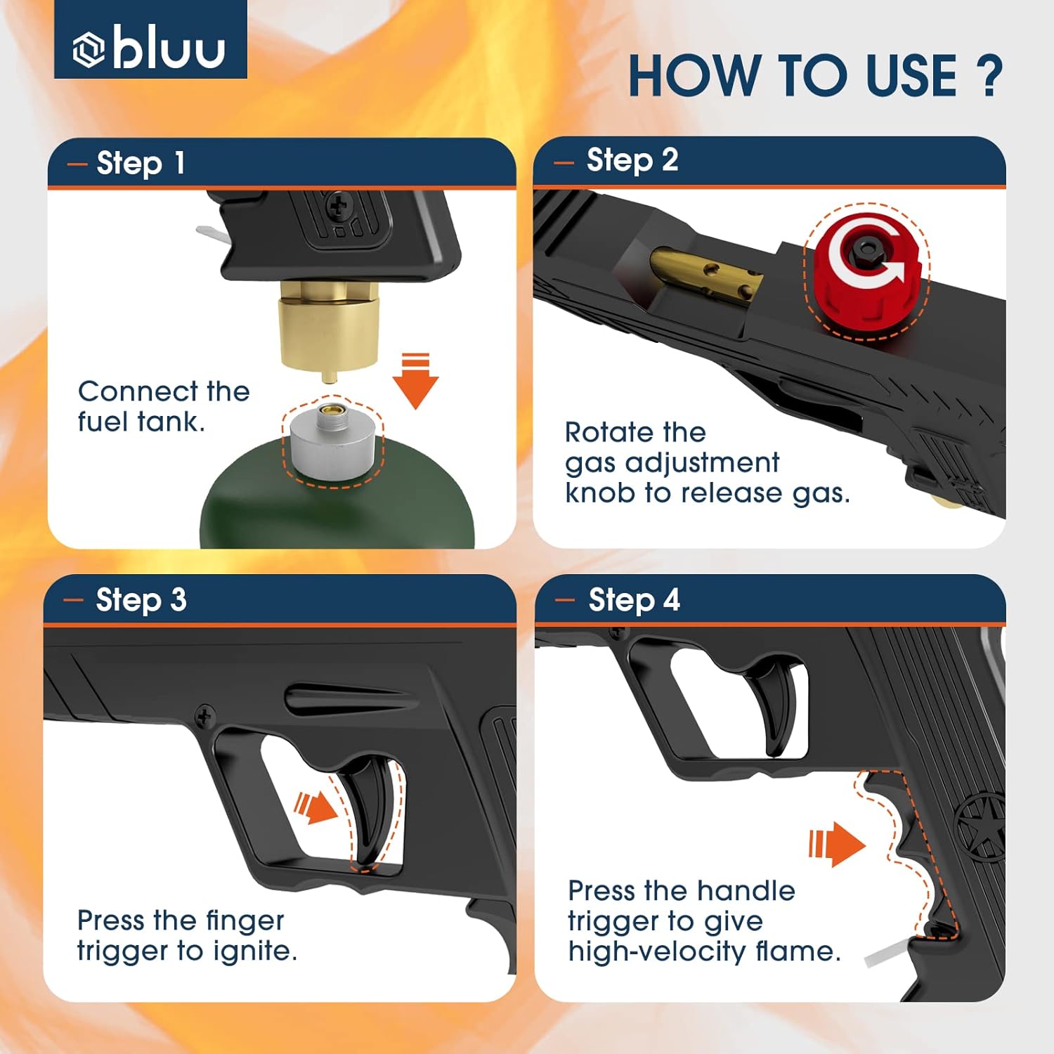 Steps to connect fuel tank to BLUU Cooking Propane Torch