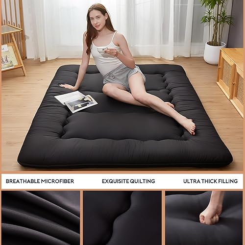 Miniatura 3 de Aigbiot Colchón de futón japonés plegable de tatami, tapete de dormir enrollable con funda lavable para adultos, niños, invitados, individual,