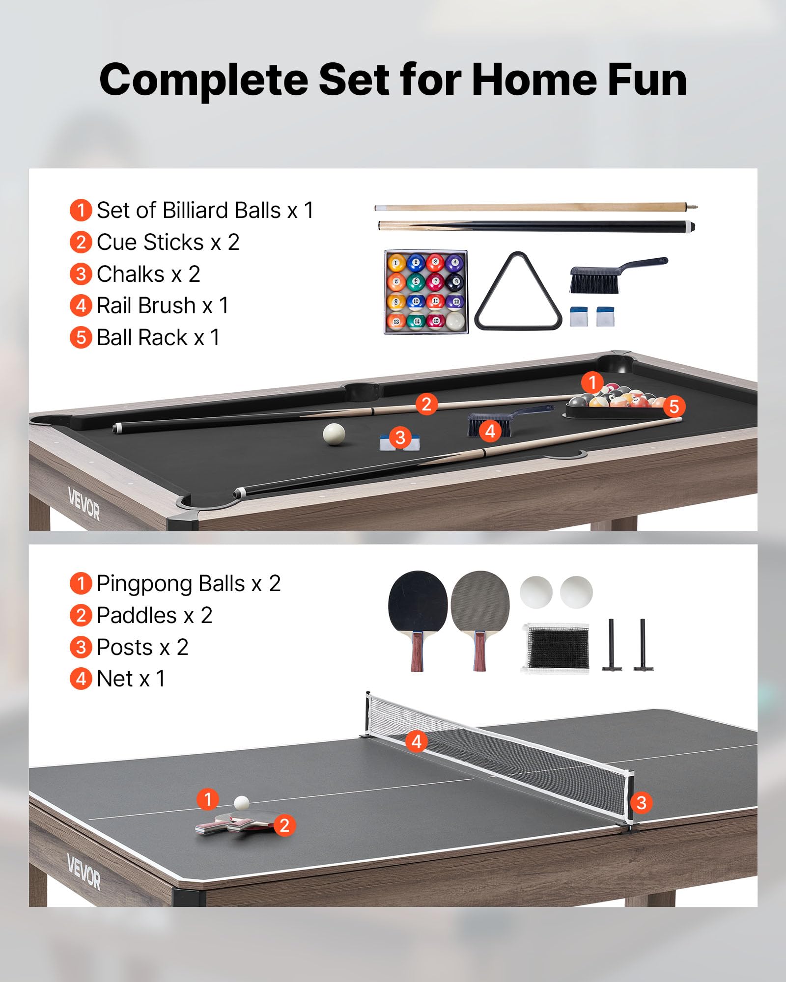 VEVOR 214 cm Billardtisch 3 in 1 Tischspiele mit Essplatte Tischtennisplatte, 137 kg belastbar, Queue-Ständer Kreidebürste