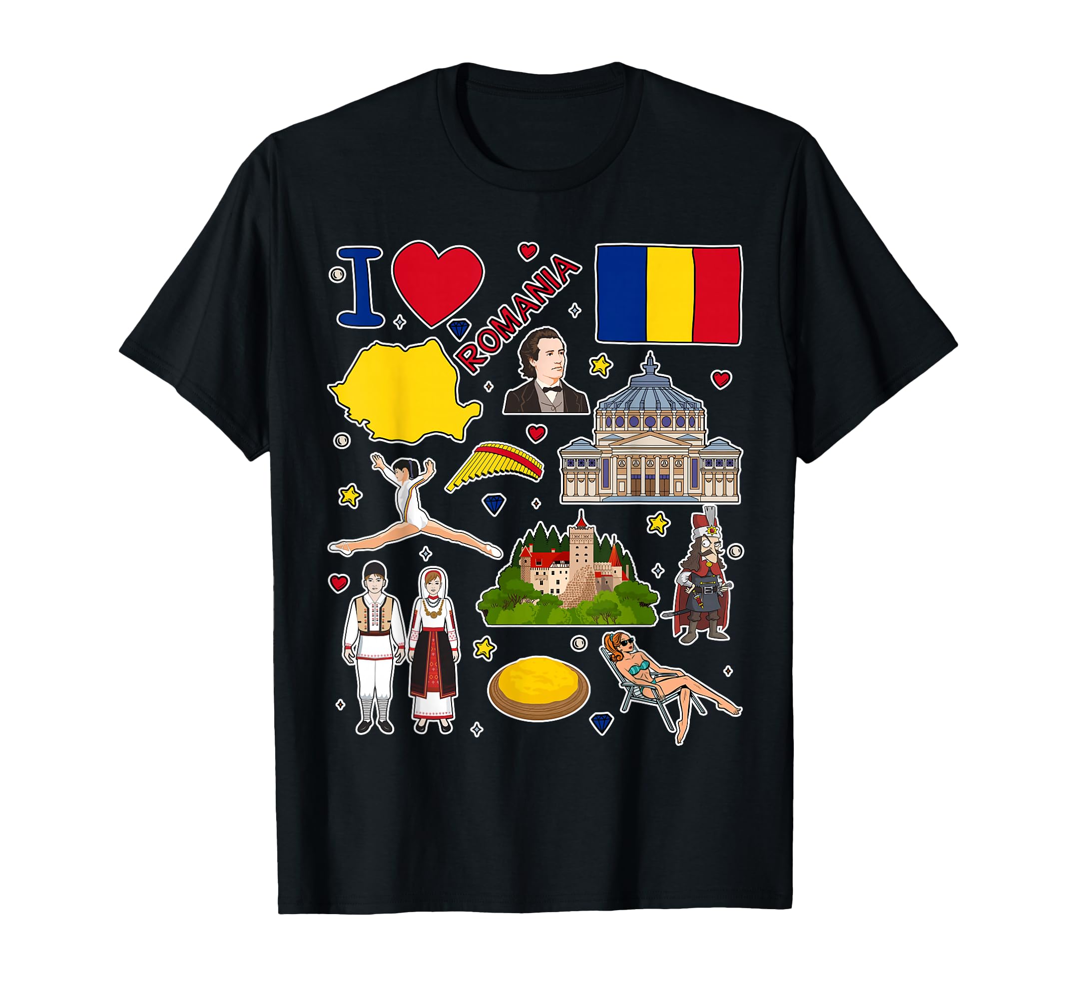 Romanian hand drawn symbols, Romania map, cultural icons T-Shirt
