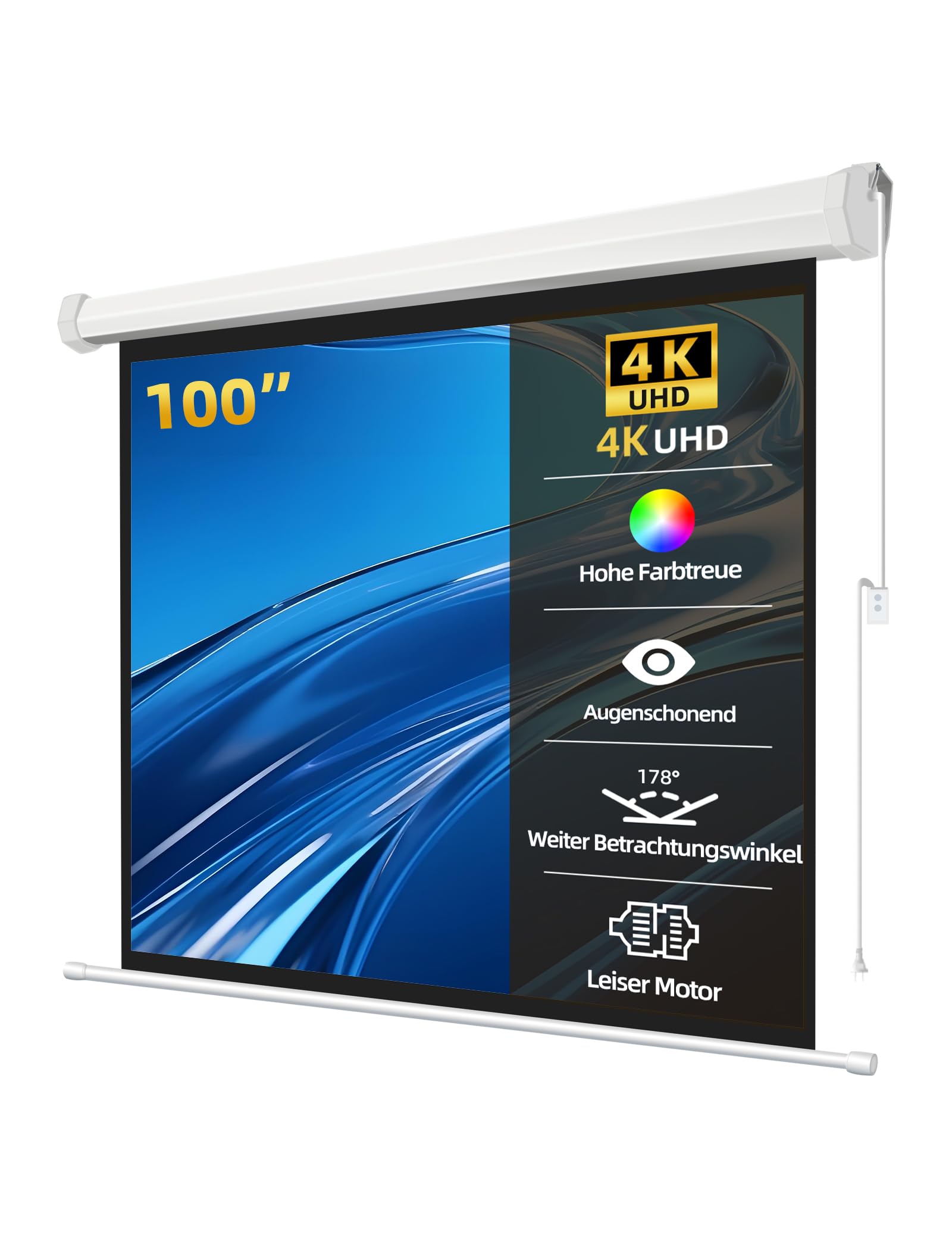 Matte White Beamer Leinwand Elektrisch Mit Fernbedienung,Leinwand Beamer 4K HD 100 Zoll Format 4:3 Projektionsleinwand für Heimkino und Präsentation,Zur Decken-/ Wand-Montage