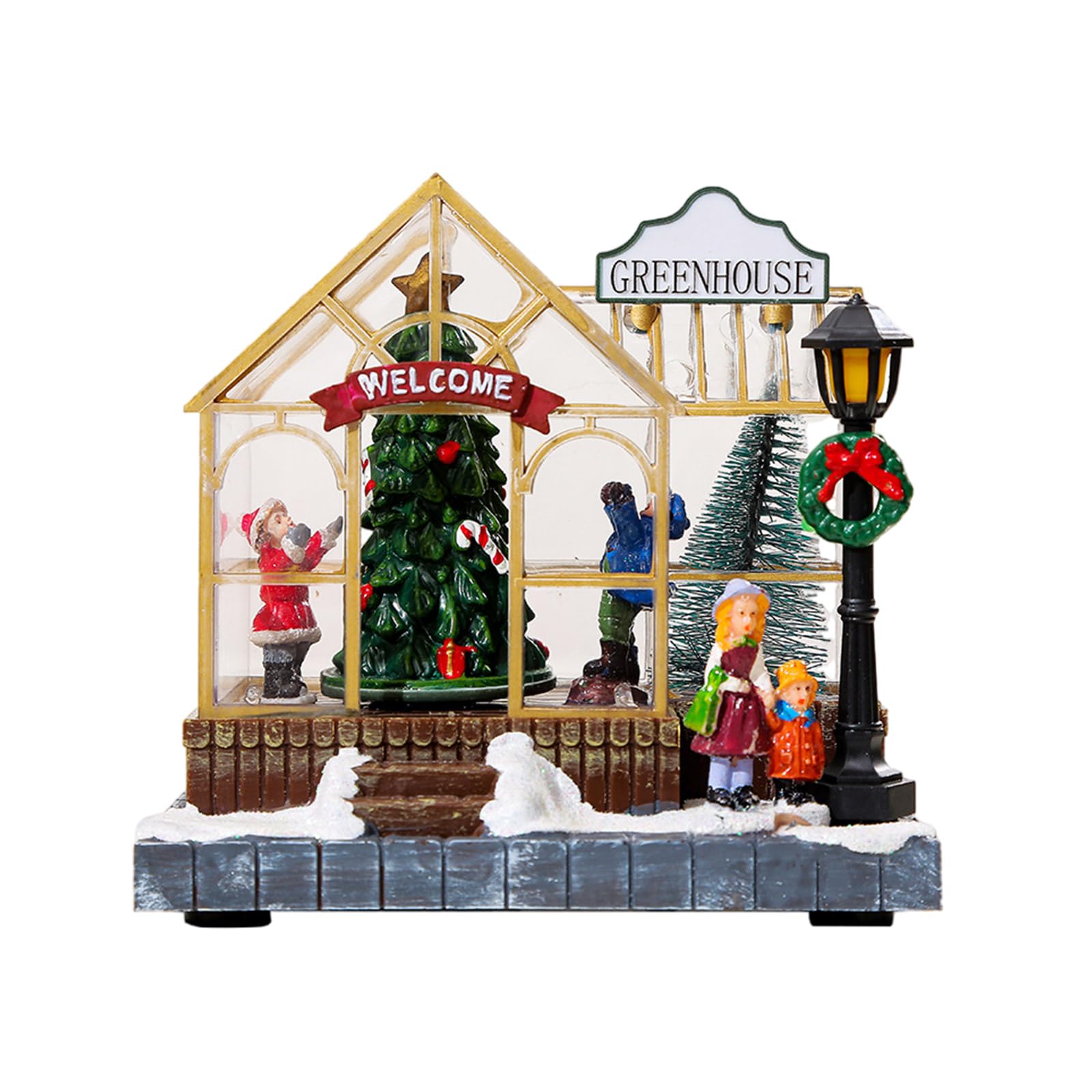 Piceioep Light Christmas Musical Up Village House Resin Ornament With Led Rotating Tree Figurines Holiday Table Decoration