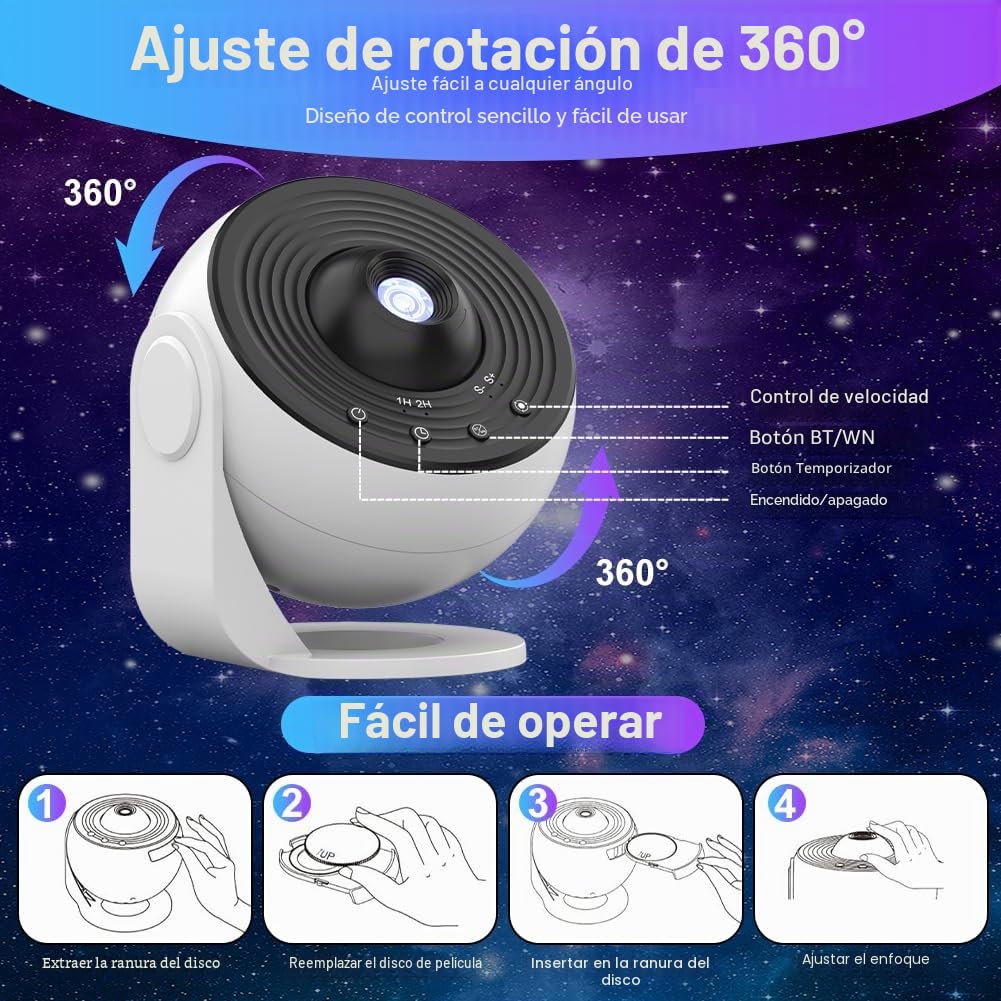 Proyector de Cielo Estrellado, 12 Discos Planetarios, Proyector de Ajuste de Rotación de 360°, Luz Nocturna, con Control, Remoto para Dormitorio, Techo, Niños y Adultos