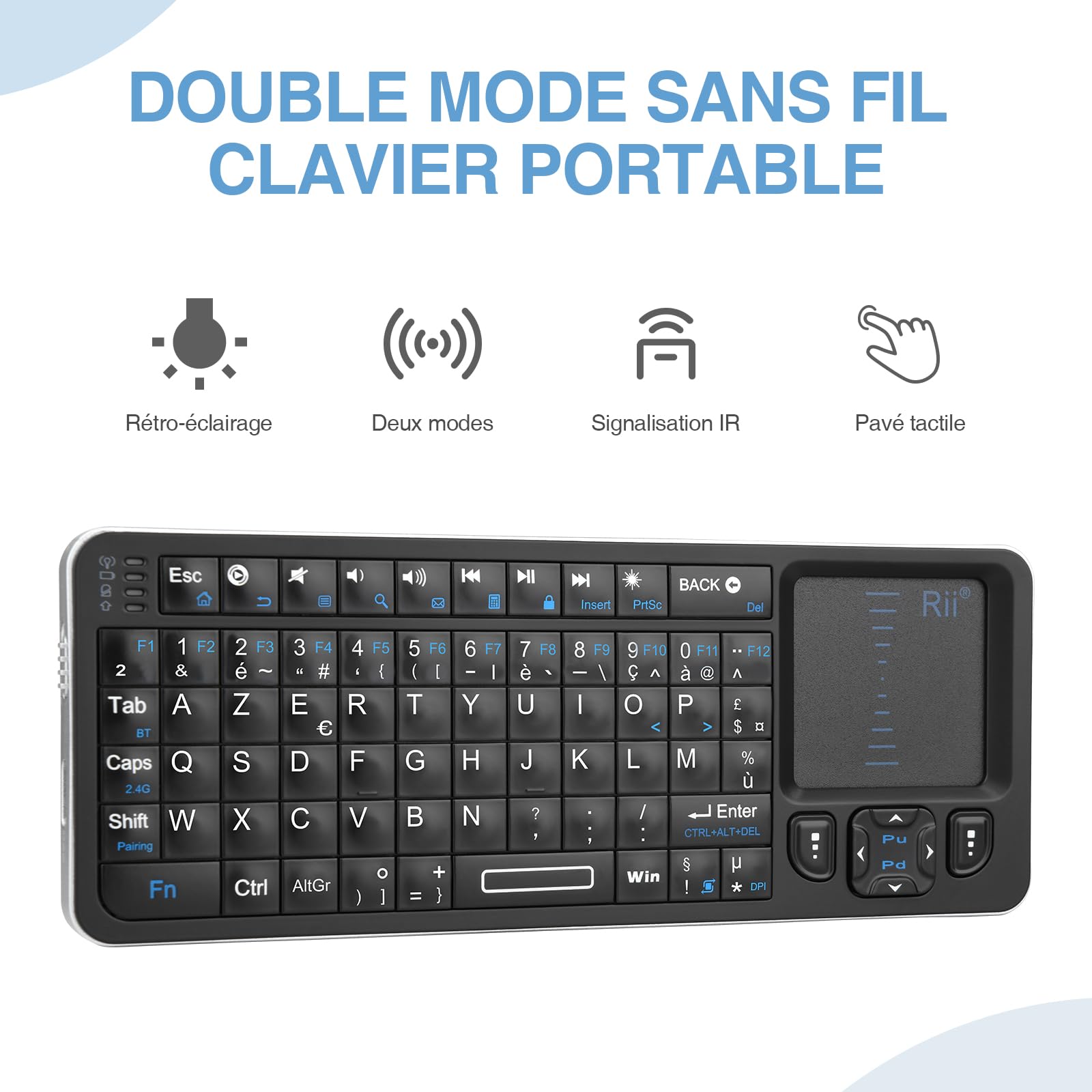 Rii Mini Clavier Rétroéclairé | USB 2.4 GHz + Bluetooth | Pavé Tactile | Ultra-Portable | Compatible Android TV, Mac, Windows