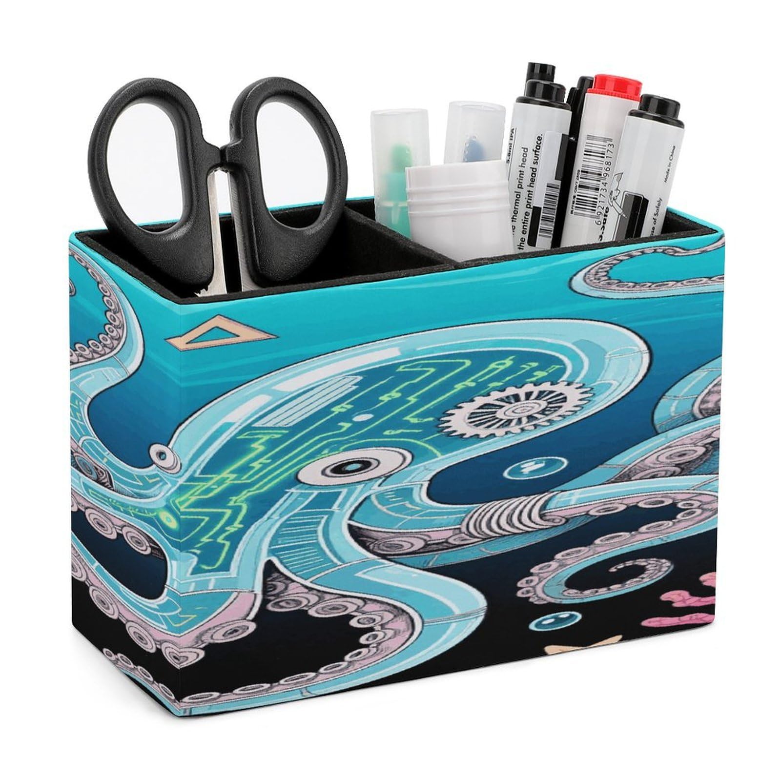 VstaDank Mechanical Octopus Pencil Holder for Desk Organizer 2 Compartments Pen Cup Leather Square Pen Holder Pencil Cup Stand Makeup Brush Holders for Desktop Organizer Storage Case