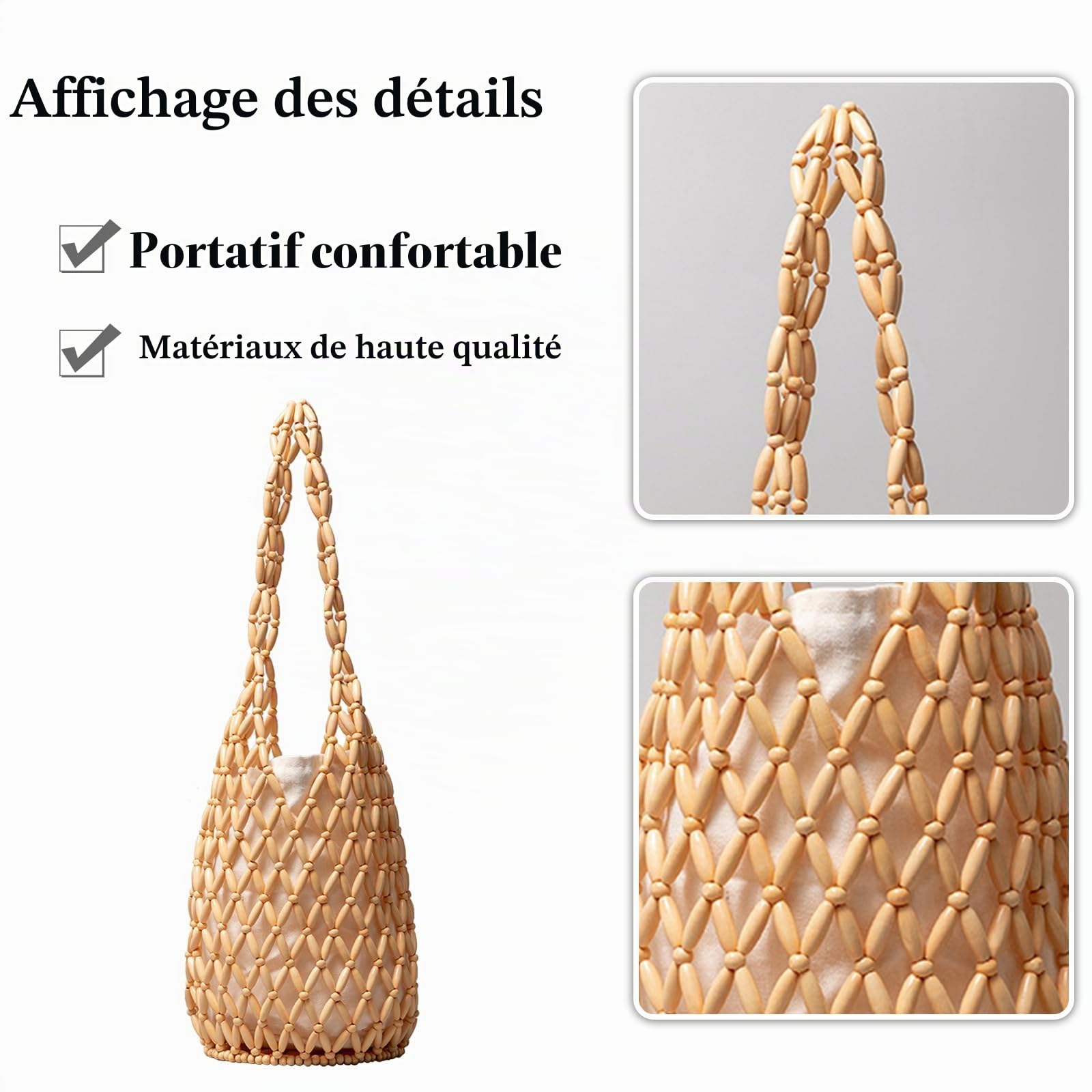 CORIOS Sac Seau à Cordon Sac Fourre-Tout Tissé à la Main Femmes Bois Perles Sac de Plage Sac Fourre Bohème Ajouré Sacs Cabas avec Poche intérieure Petit Sac à Main pour Vacances Voyage Plage Jaune