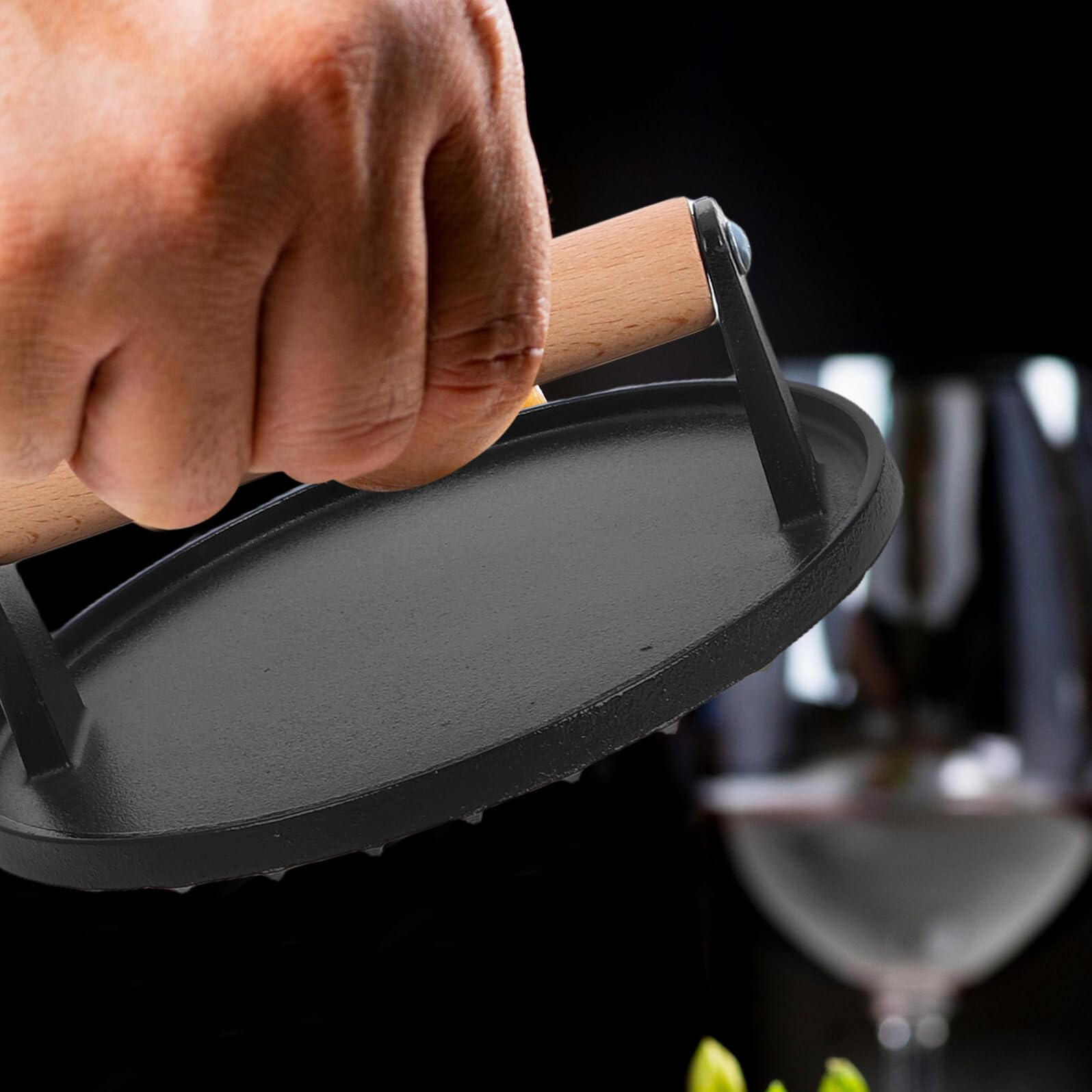 IMIKEYA Prensa de Hamburguesas y Carne de Hierro Fundido con Mango de Madera Ergonómico, Prensa Rectangular y Redonda sin Revestimiento, Utensilio Resistente para Barbacoa y Cocina