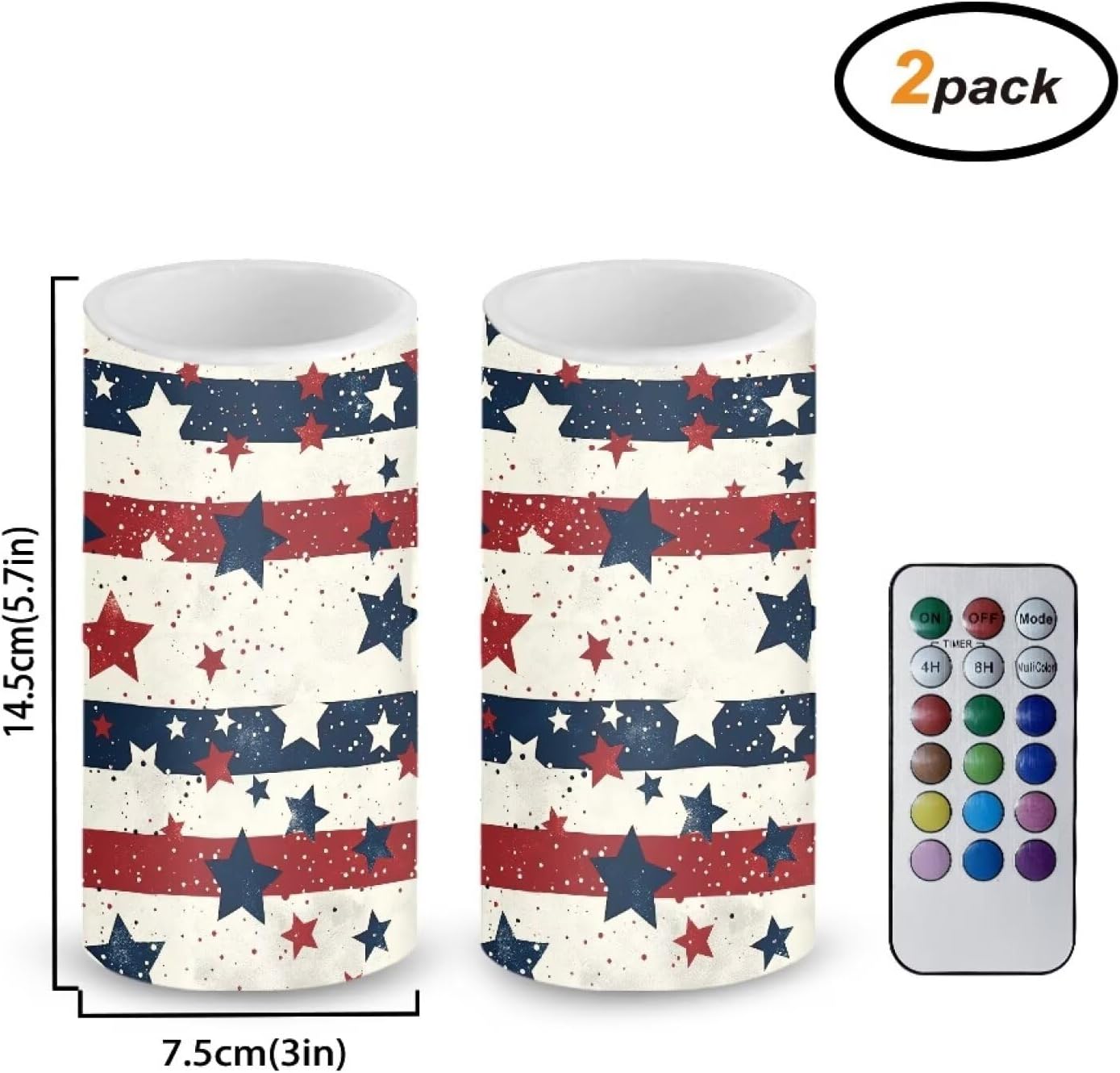 USA Flag Flameless Candles 2 Pack 6 x 3 inch Battery Operated Candles with Multicolor Timer Remote Control LED Fake Candles for Warm Light Dinner Table Home Decor