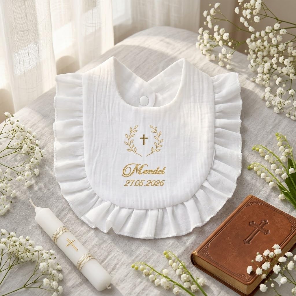 XIAOMA Bavoir Baptême Personnalisé pour Bébé – 100% Coton Doux, Broderie Prénom et Date, Cadeau Baptême avec Coffret, Livraison Rapide 48h