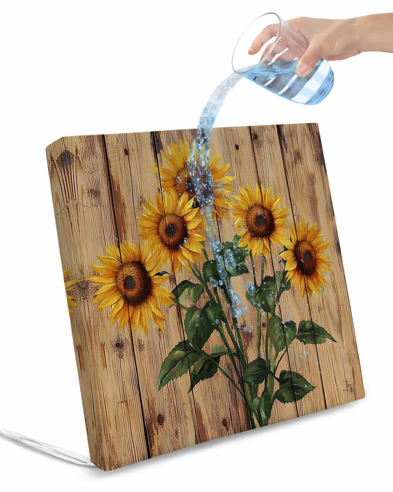 Hokiten Vintage Sunflower Outdoor Cushion Chair Cover Set of 4 - Waterproof Couch Seat Covers, Farmhouse Vintage Wooden Floral Patio Furniture Protector Cushions Slipcovers for Sofa/RV, 22