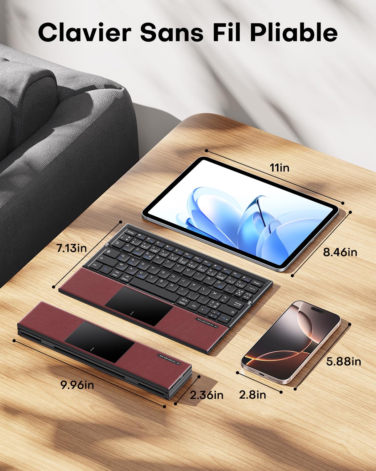 Clavier Sans Fil Pliable AZERTY Bluetooth avec Pavé Tactile, Bordeaux | Multi-Appareils, 3 Appareils Bluetooth, Mini Clavier Silencieux, Compatible avec Android Windows iOS Téléphone Tablette iPad