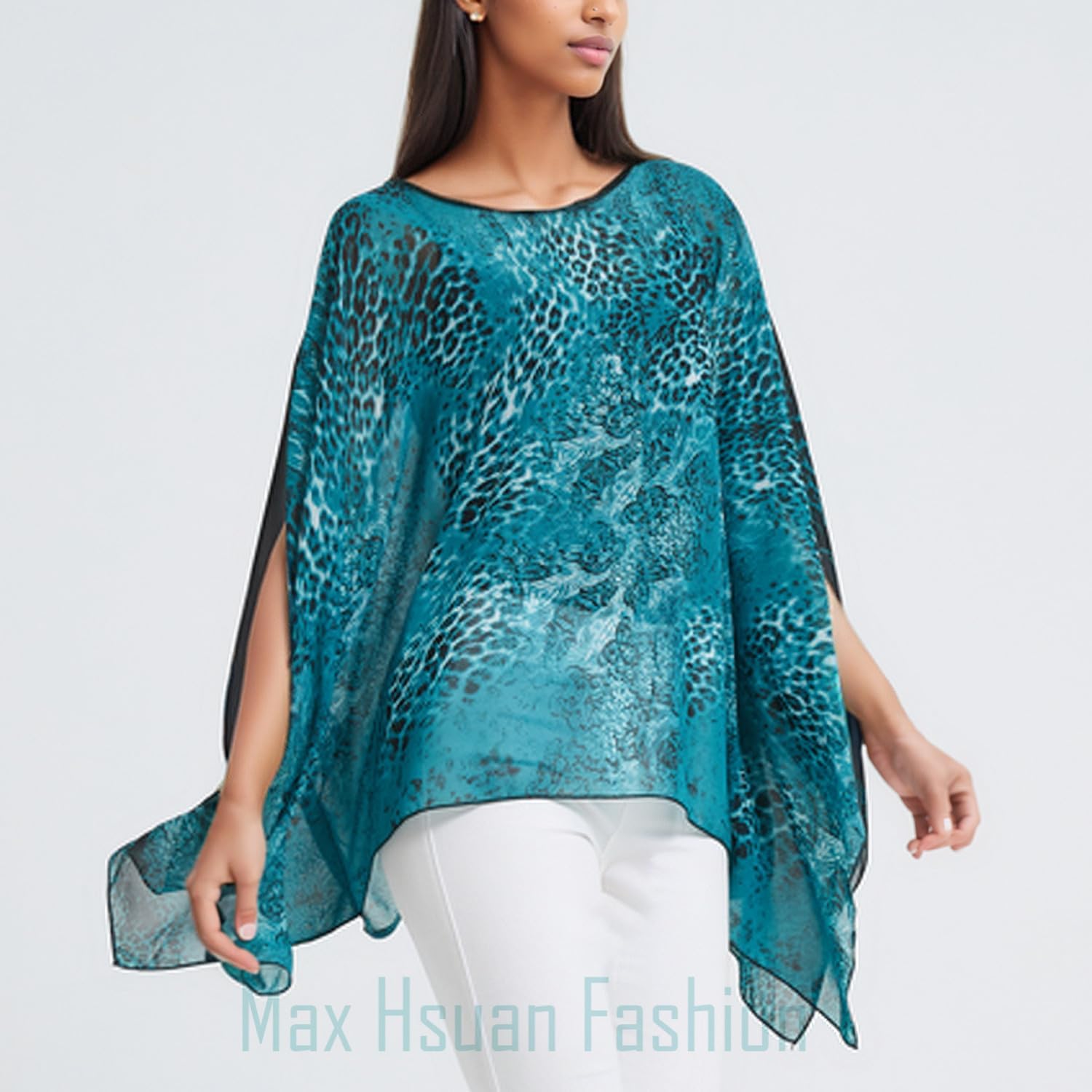 Max Hsuan Women's Loose Solid Sheer Chiffon Caftan Poncho Batwing Tunic Top Blouse Summer Oversized Shirts - Image 4
