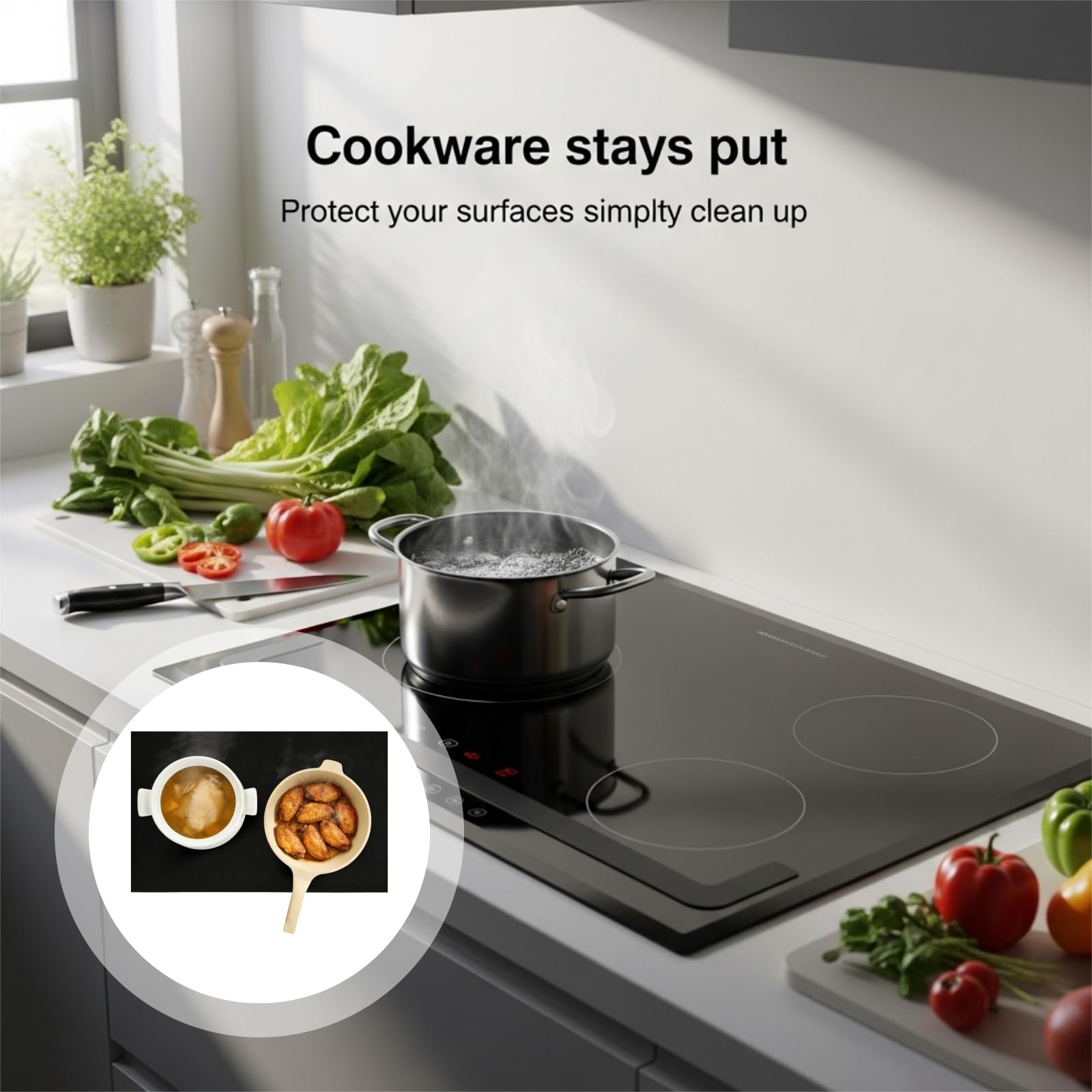 Tapis de cuisson en silicone pour plaque à induction, antidérapant, découpable, protège des rayures et de la chaleur, protège-plan de travail, 52 x 61 cm, 0,4 mm, noir