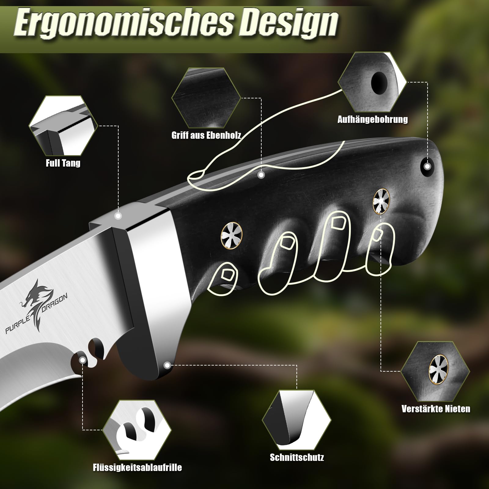 Purple Dragon Großes Outdoor Messer - Feststehende Klinge mit Scheide - Scharfe Bushcraft Camping Messers mit Holzgriff - Full Tang Messers Survival, Geschenke für Männer