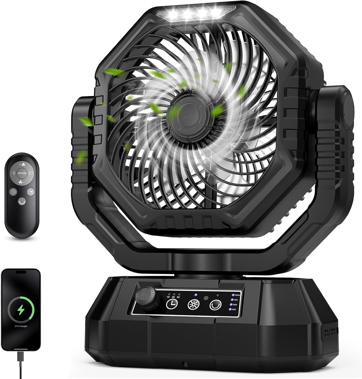 AJVV Camping Fan with Light and Remote, Oscillating Battery Powered Hanging Tent Fan, Portable Rechargeable for Camp, Outdoor, Emergency Power Outage, Fishing, RV Travel, Black