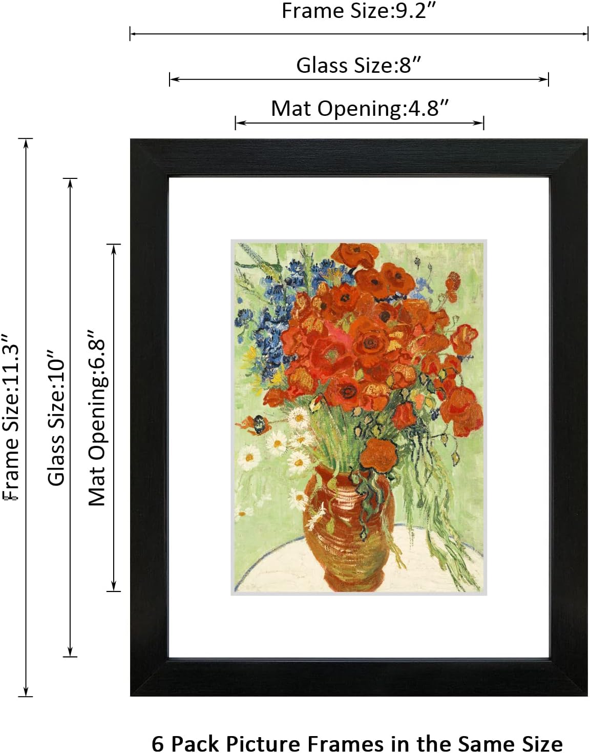 8x10 Picture Frame Set of 6 with HD plexiglass cover for Pictures 5x7 with Mat or 8x10 Without Mat, Wall Gallery Photo Frames in Black