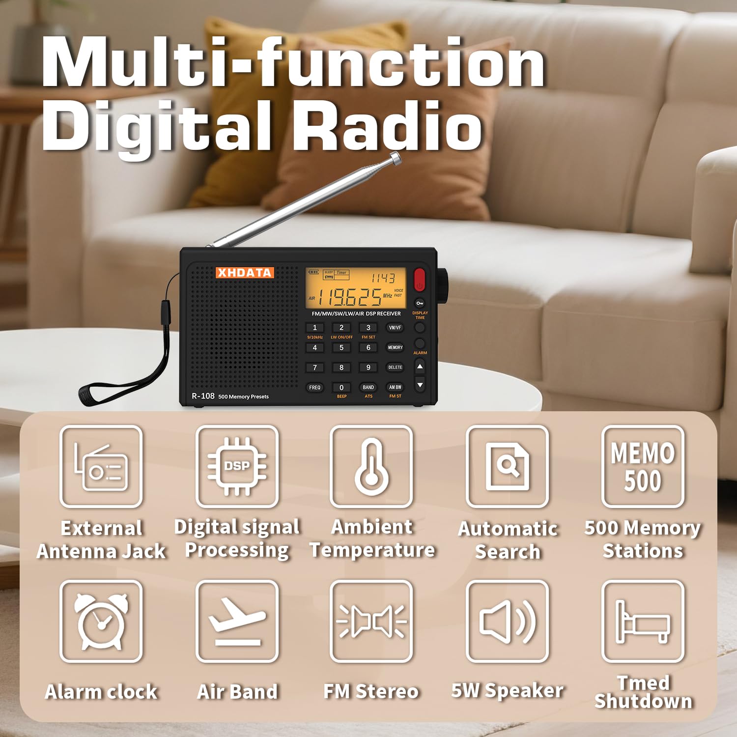 XHDATA R-108 Kleines Tragbare Radios Wiederaufladbares Batterieradio UKW FM AM SW Airband Radio weltempfänger digitalradio mit ATS-Stationsspeicher Sleep-Funktion (Schwarz)