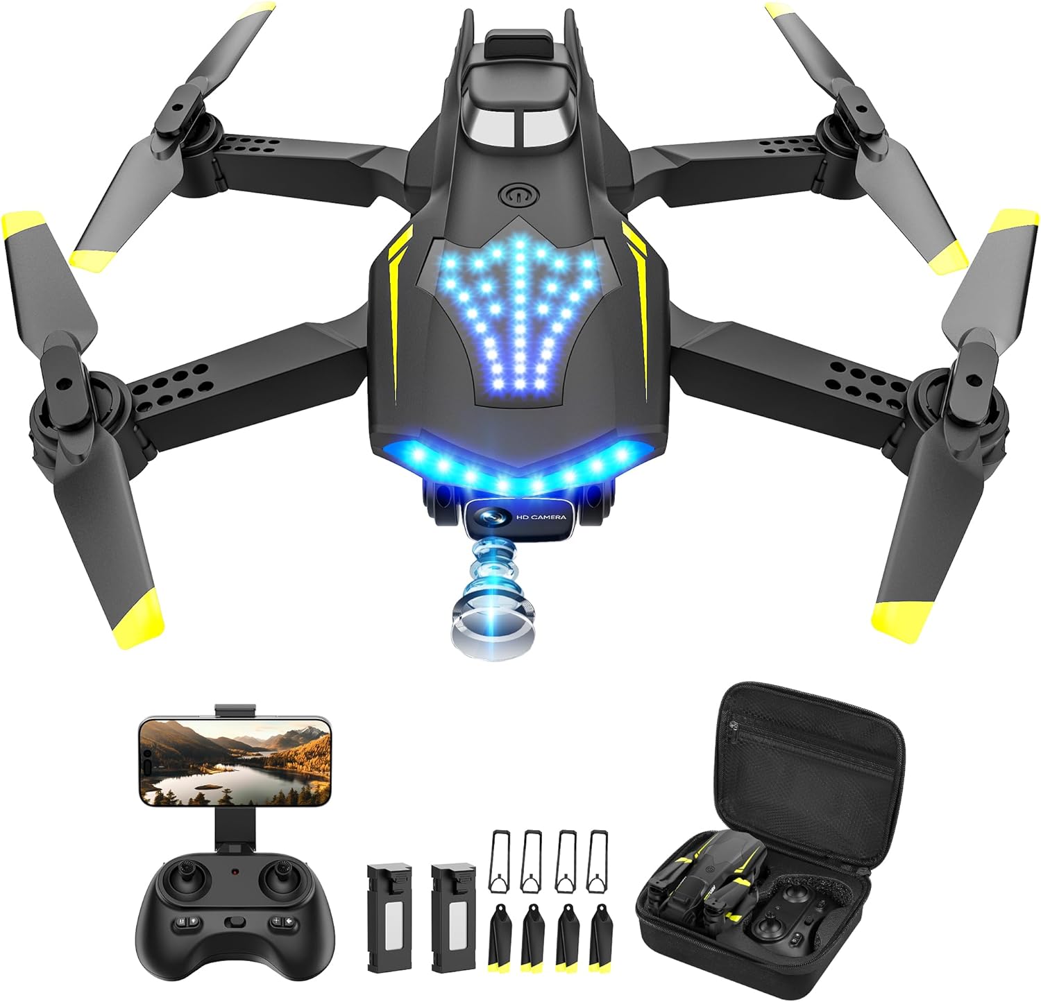 Drone with Camera, Dual 720HD, Drone for Kids with Cool Lights, Cestures Control, Vertical Shooting, Waypoint Flight, Gravity Control, 3D Flip, 3-Speeds, Drones for Adults, Beginners, Kids