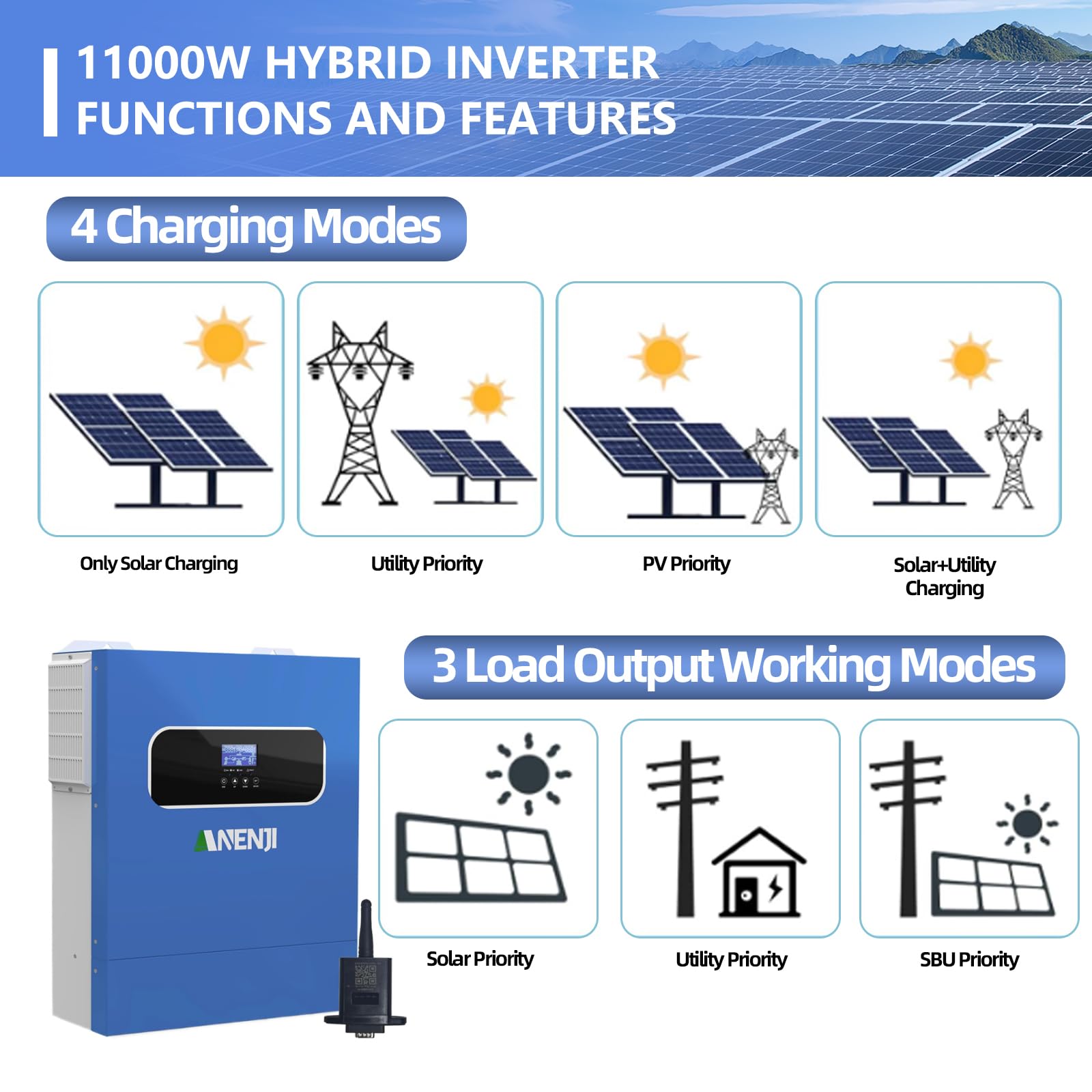 11KW Inverter ibrido 48V, 2 Ingressi FV, Funziona Senza Batteria, Inverter a Onda Sinusoidale Pura (WiFi/BMS), FV 60-500VDC, In Grado Di Immettere Energia In Rete, Con Modulo WiFi