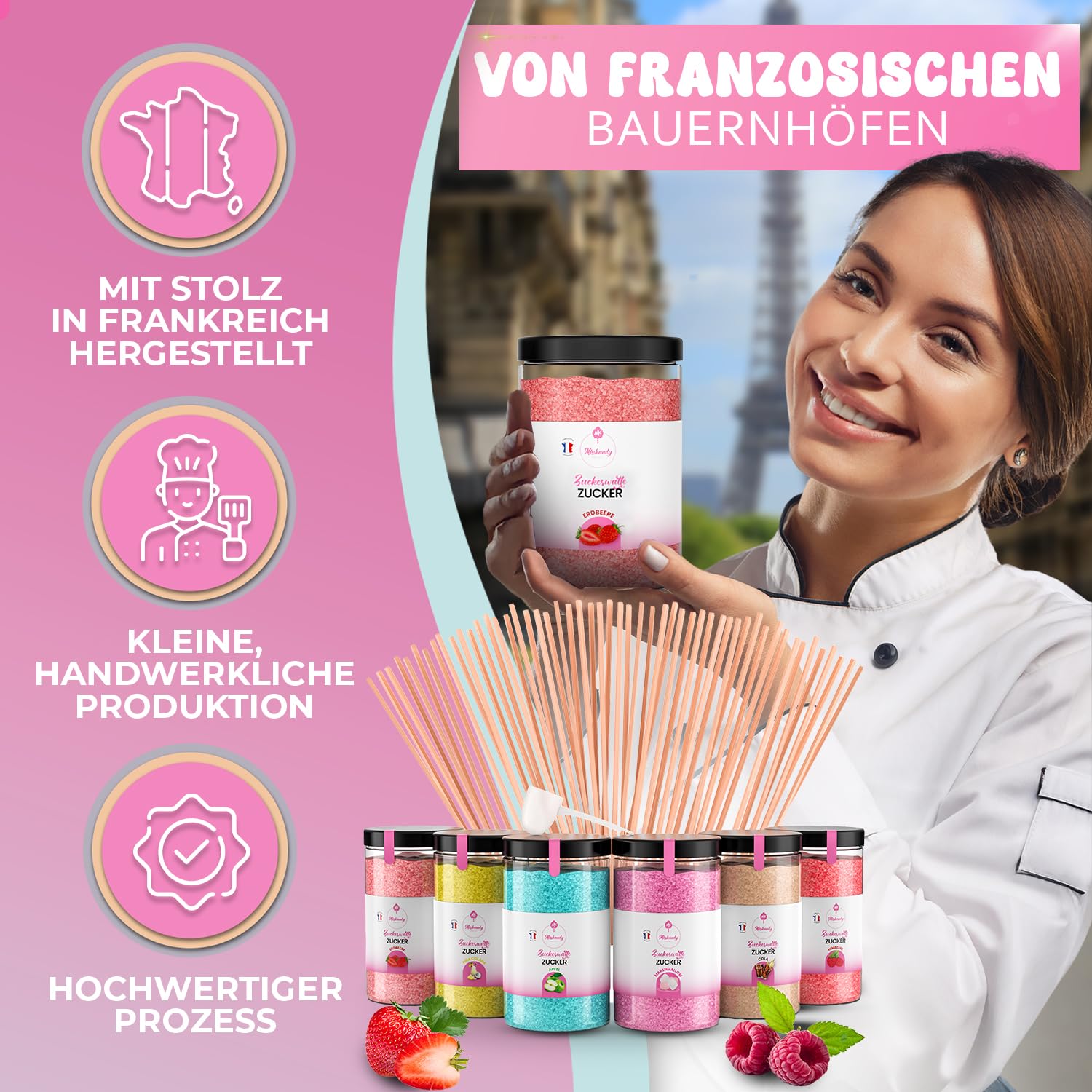 Misskandy®, Zuckerwatte Zucker (Natürliche Aromen und Farbstoffe) / set (6 * 300Gr): Erdbeere/Piña Colada/Apfel/Marshmallow/Cola/Himbeere/zucker für zuckerwattemaschine /+ 50 Stäbchen