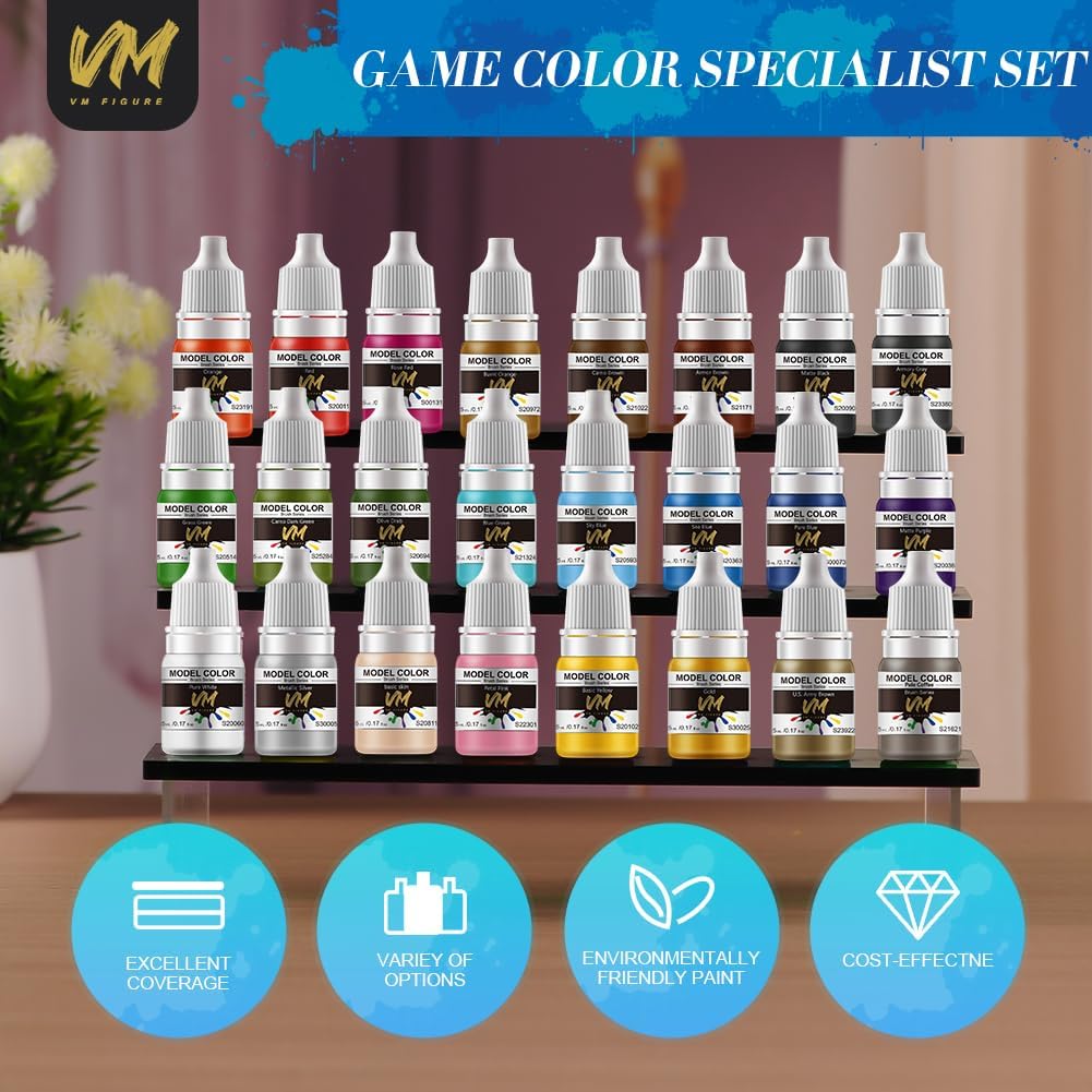 VM Miniature Paint Set Eco-Friendly Water-based Pigment Speed Paint Model Color, Light Resistant and Non-Fading for Plastic/Metal/Resin/Models 24 Bottles x 5ml (24 Color Game Colors)