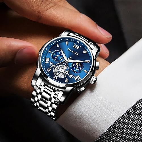 Miniatura 7 de OLEVS Reloj cronógrafo de acero inoxidable para hombre, cara grande, fácil de leer, números romanos con detalles de diamante, relojes de vestir