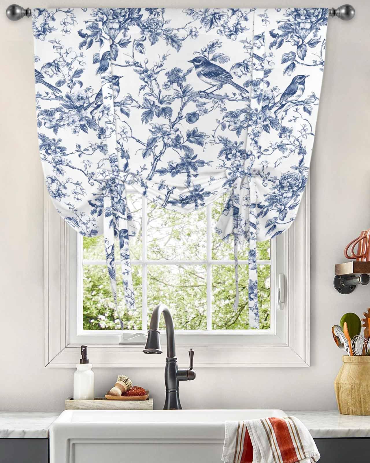 Vintage Blue Birds Tie Up Curtains for Windows 63 Inch Length Balloon Curtains Kitchen Adjustable Balloon Window Shade Retro Branch Floral Flowers Tie Up Valance Bathroom Curtain Window 42