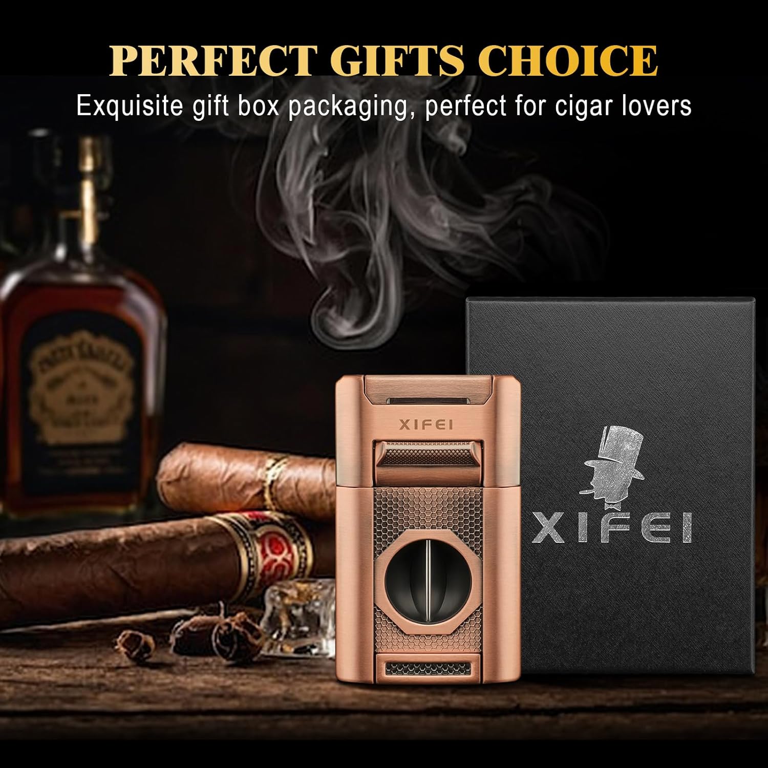 XIFEI 6-in-1 Desktop Lighter, 4 Jet Flame Torch with Straight & V-Cut Cutter, Dual Cigar Punch, Cigar Draw Enhancer, Holder, Refillable Butane Lighter with Gift Box (Bronze)