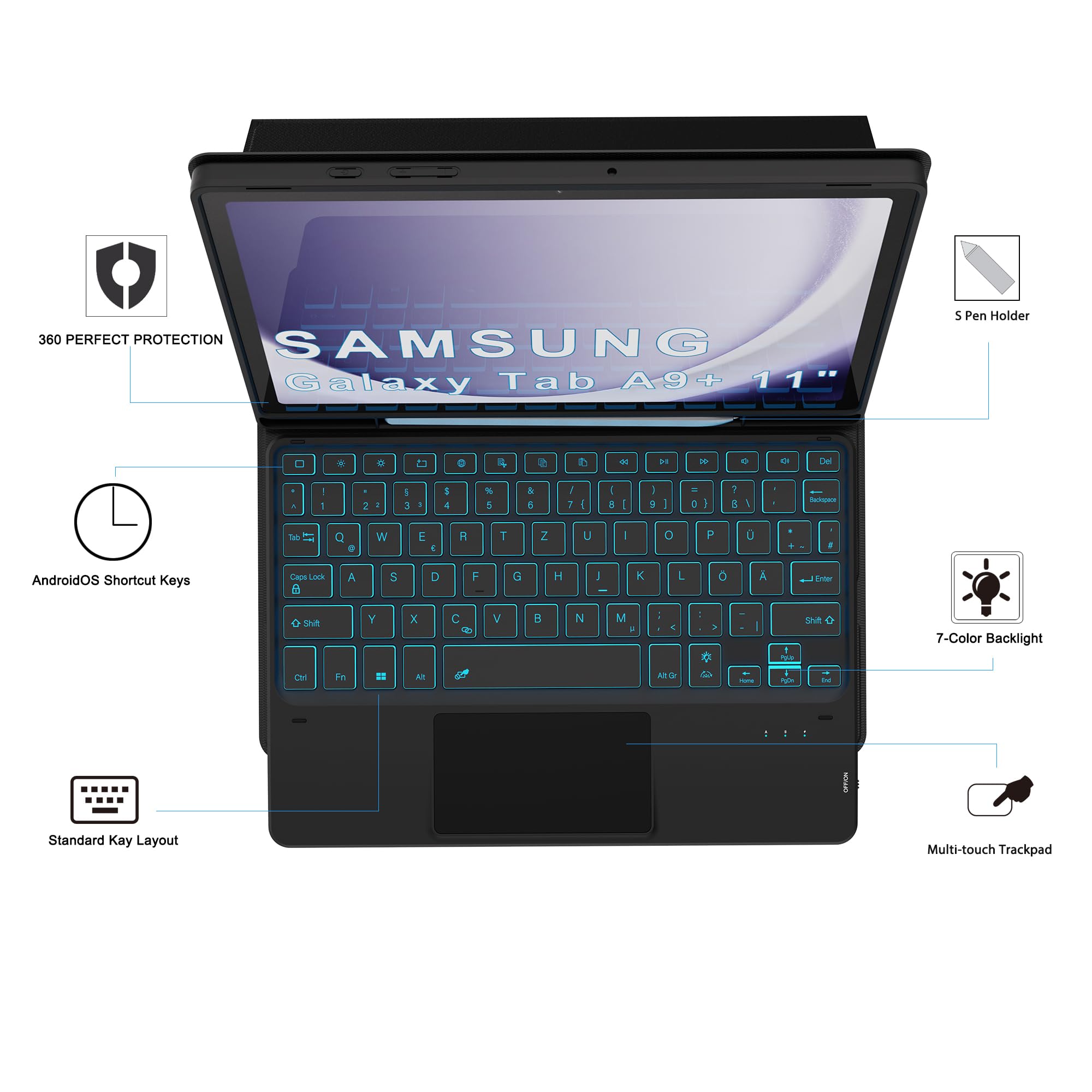 Für Galaxy Tab A9+/A11+ Hülle mit Tastatur - 7 Farben Beleuchtung Abnehmbare Trackpad Tablet Cover - Beleuchtete Deutsches QWERTZ Layout Tastatur mit Stifthalter für Samsung Tab A9 Plus/A11 Plus 11"