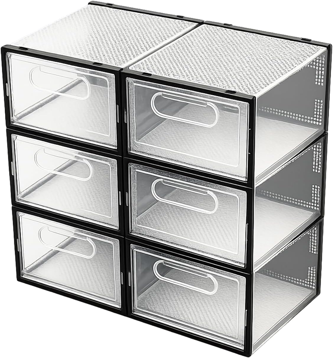 Stackable Shoe Boxes 6 Pack, Clear Black Plastic Storage Containers with Lids, Durable Space-Saving Organizer for Closet Entryway Under-Bed, Fits Sneakers & Heels