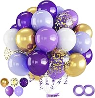 Vista 1 de Juego de 60 globos de color morado y blanco para cumpleaños de niñas, temática de princesa con confeti dorado, globos de látex de 12 pulgadas