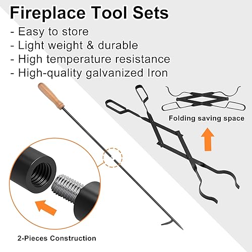 Miniatura 2 de Herramientas para chimeneas, accesorios para hogueras, pinzas para chimenea de 25 pulgadas y juego de póquer de 32 pulgadas, accesorios para estufa,