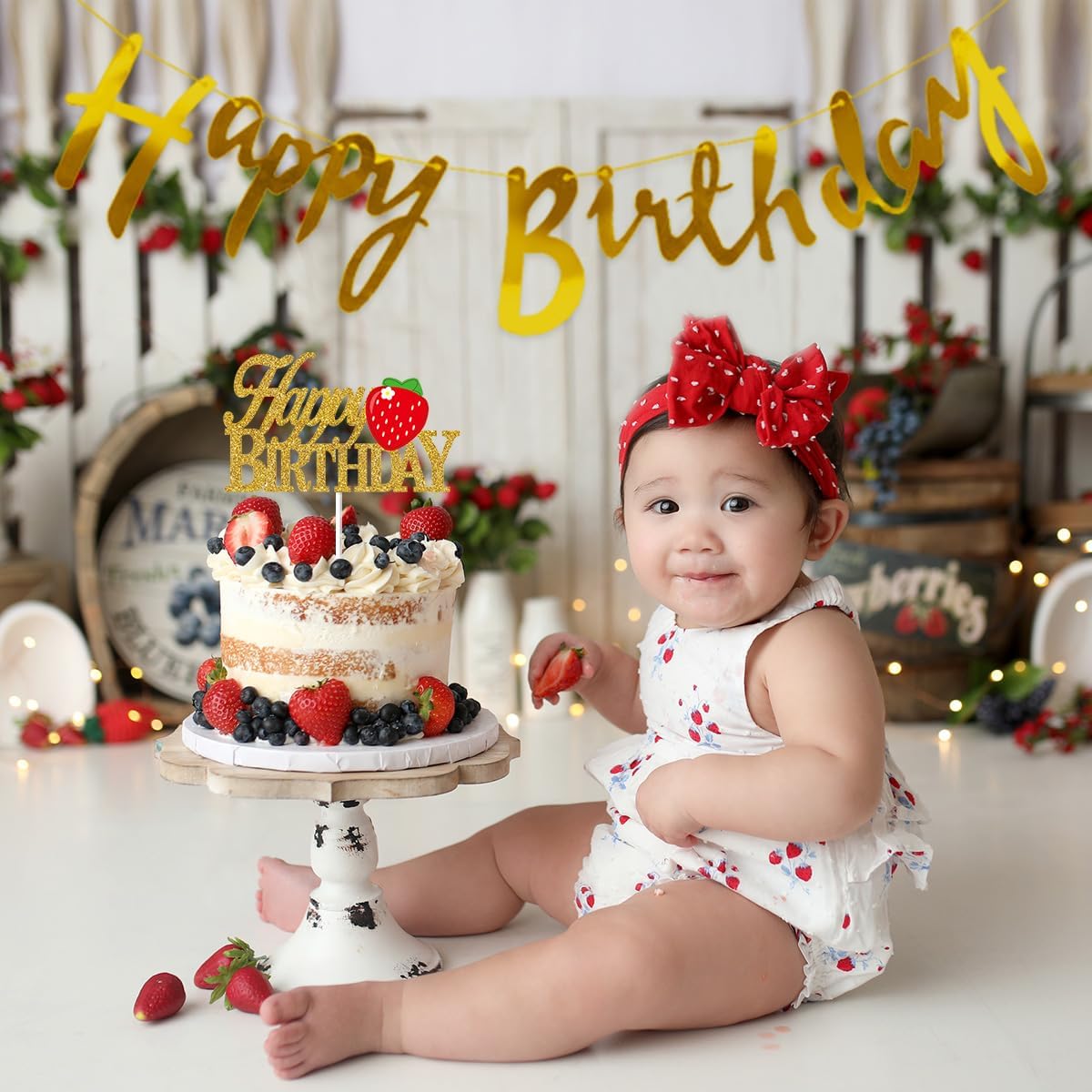 36 Pcs Strawberry Theme Birthday Party Decoration Strawberry Paper Honeycomb Ball, Happy Birthday Banner Foil Balloons, Cake Toppers for Summer Fruit Themed Party Supplies